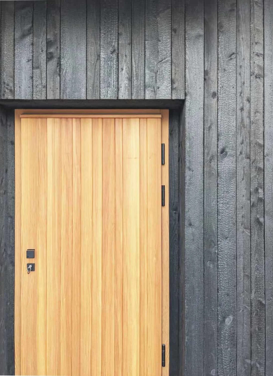 Holztür in der Fassade aus gebranntem Holz von Haus B im Spreewald, geplant von d'ns Studio
