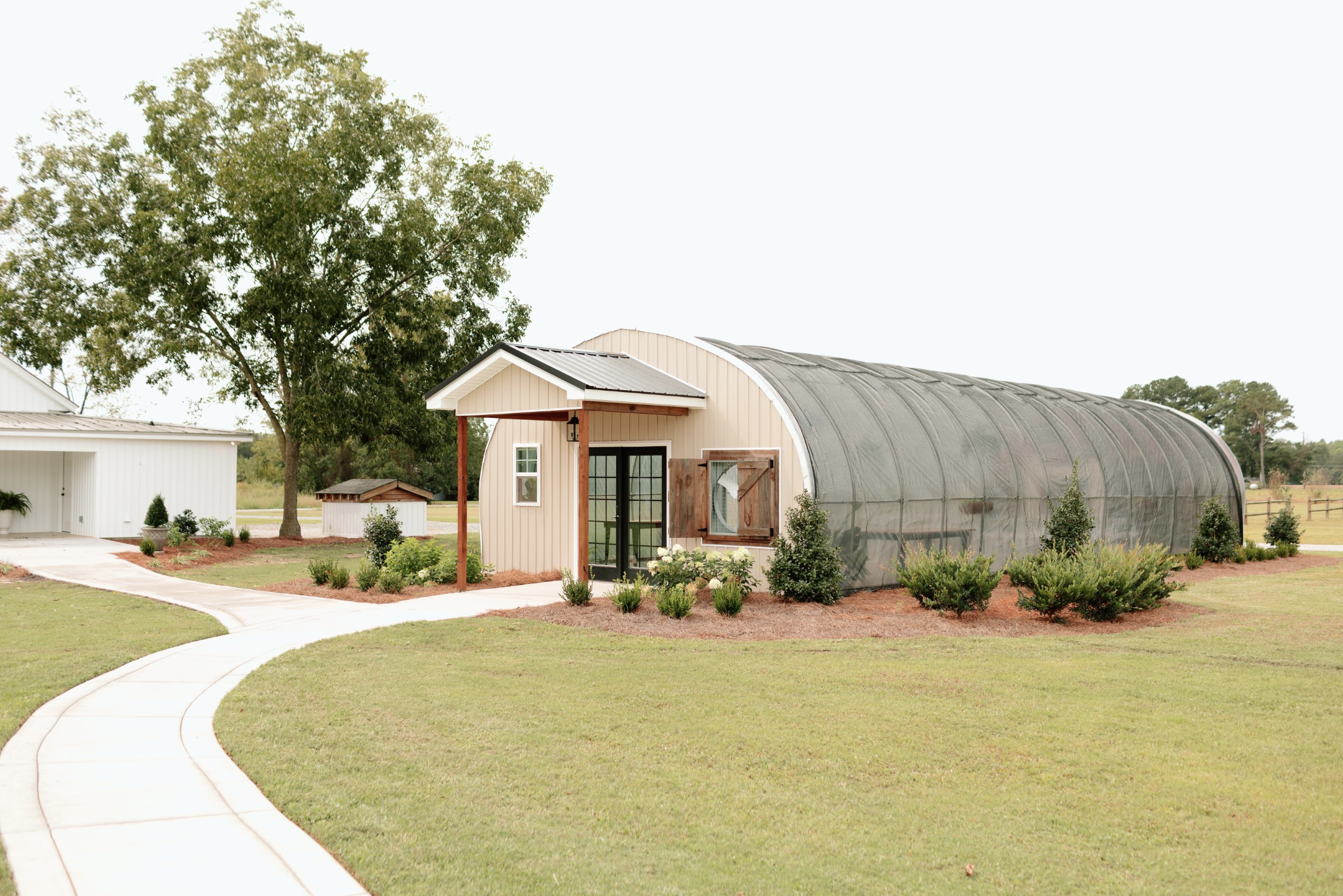 A small beige shed with a curved, gray greenhouse attached to it. The shed has a black-framed glass door and a small window, with a wooden shutter. There is a pathway leading past the shed, with neatly maintained grass and shrubbery around it, and a 
