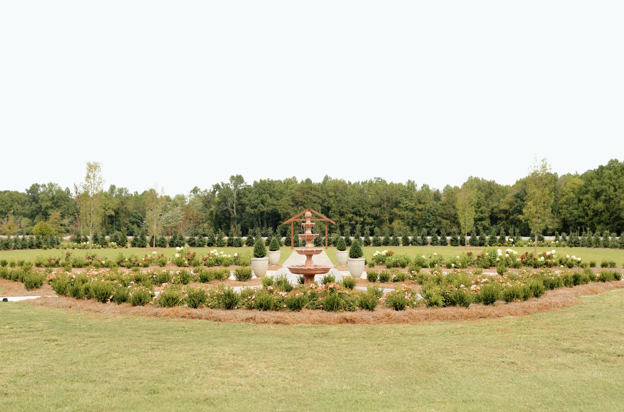 A landscaped garden with a pink fountain center, surrounded by flower beds, potted plants, and a lush green background of trees under a clear sky.