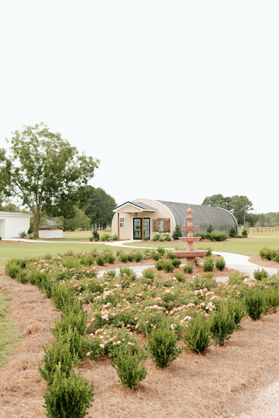 A landscaped garden with a pink fountain, surrounded by pink flowers and green bushes, leading to a small barn or shed with a greenhouse attached, in a rural setting.