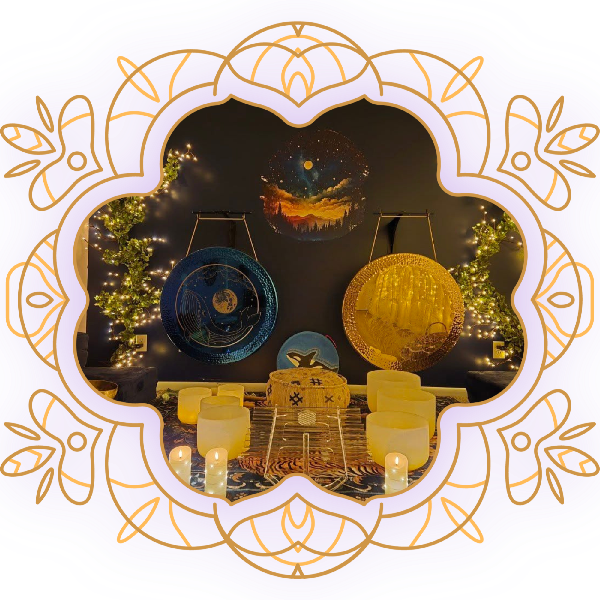 Decorative image featuring a purple and gold mandala border surrounding a cozy scene with string lights, a tapestry, candles, and artwork, all set against a backdrop of mountains and stars.