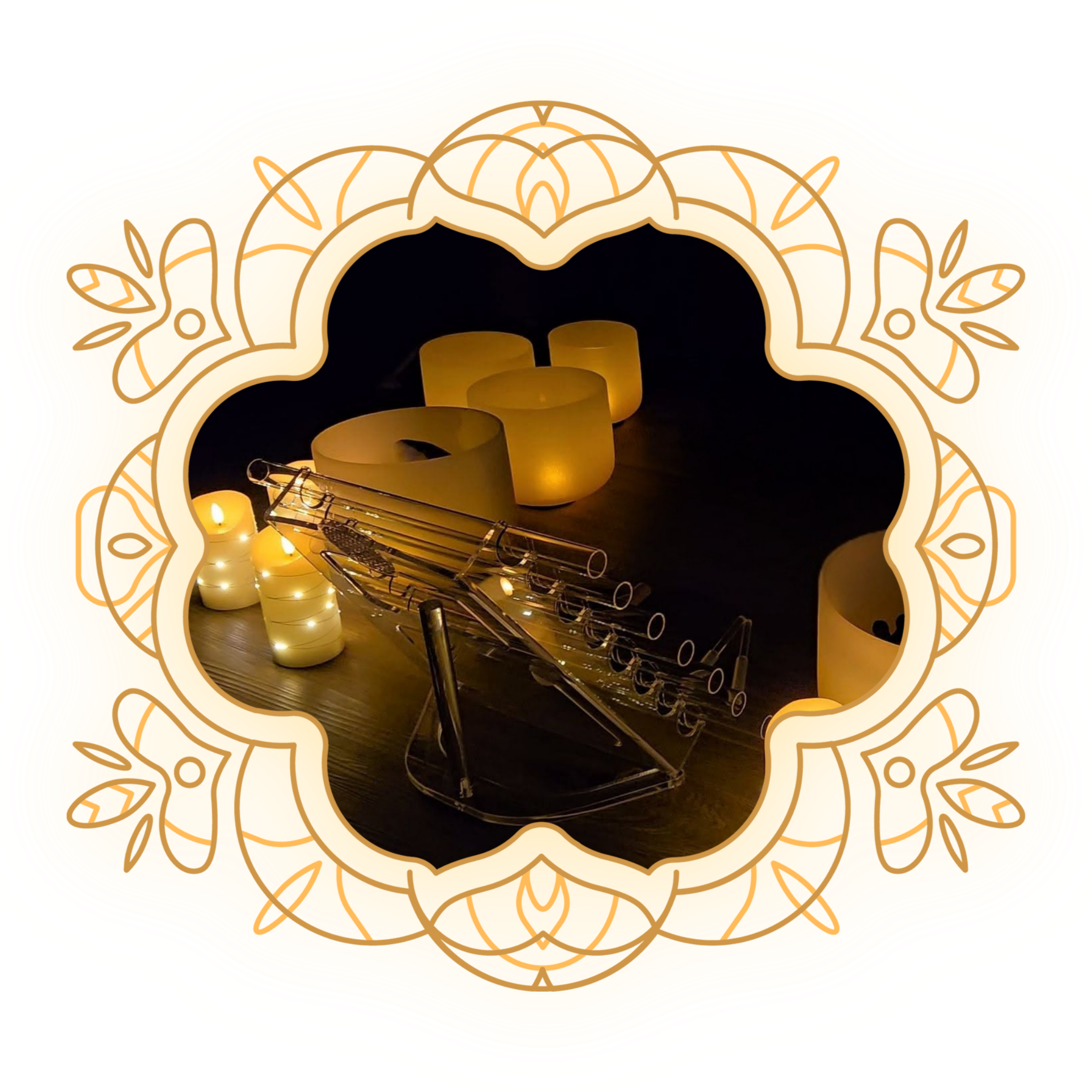 Bright yellow background with a decorative gold and orange border pattern, featuring candles and string lights at the bottom.