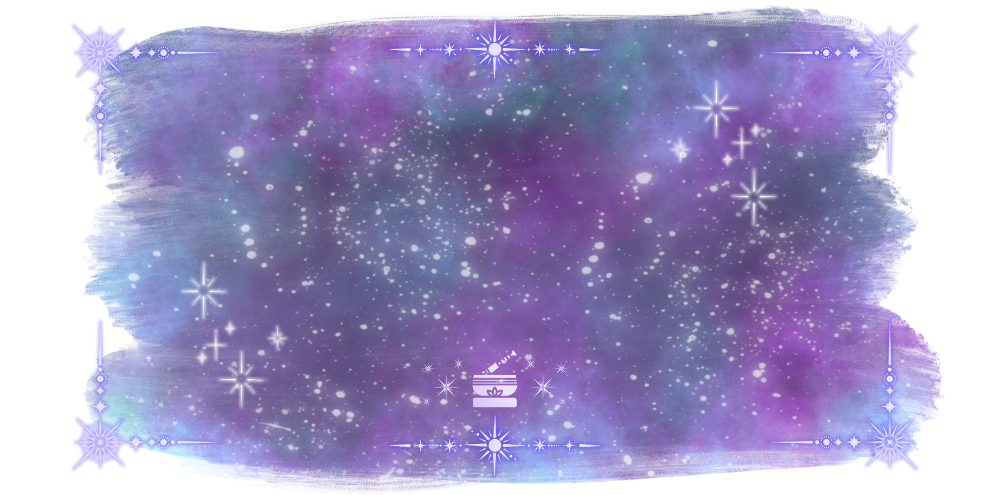 Decorative purple and blue stars and sparkles with a cup symbol in the center, set against a galaxy background.