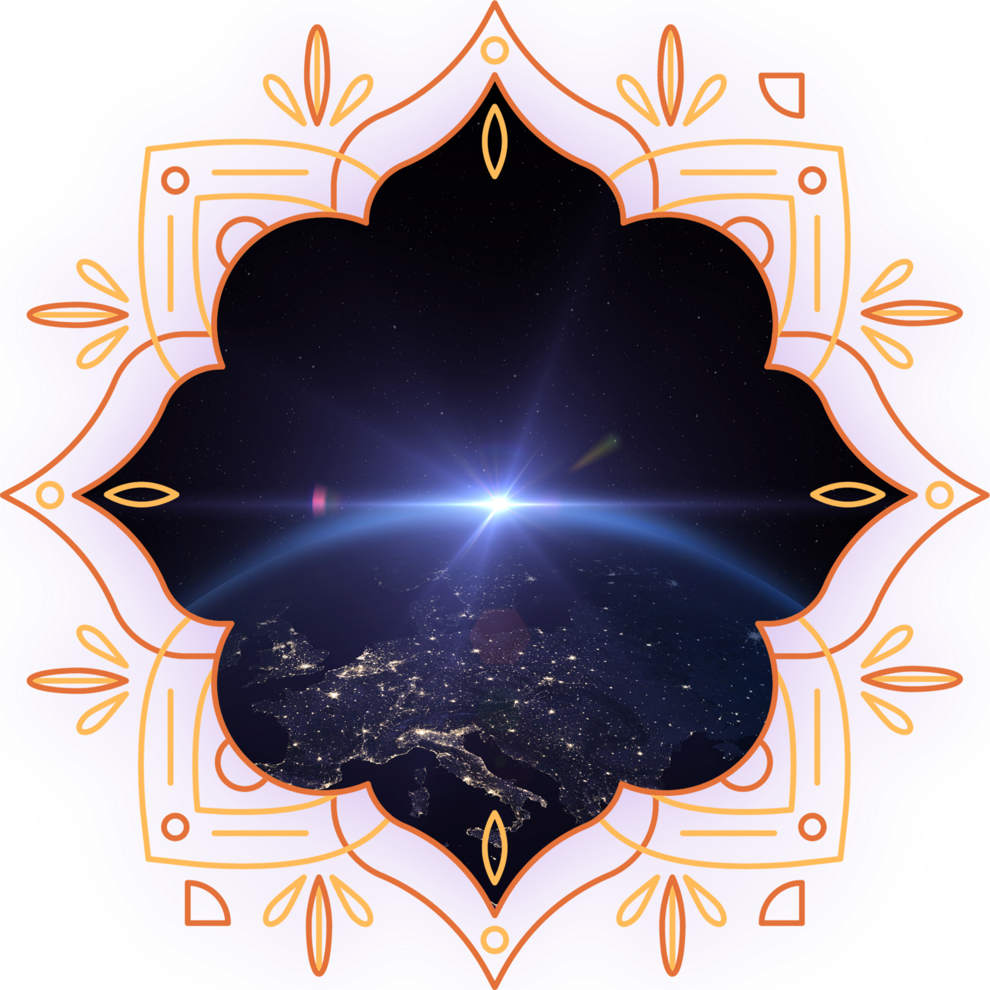 An elaborate, colorful mandala-style digital artwork with a cosmic theme, featuring a starry sky and Earth from space framed by an intricate border of orange, purple, and blue lines and shapes.