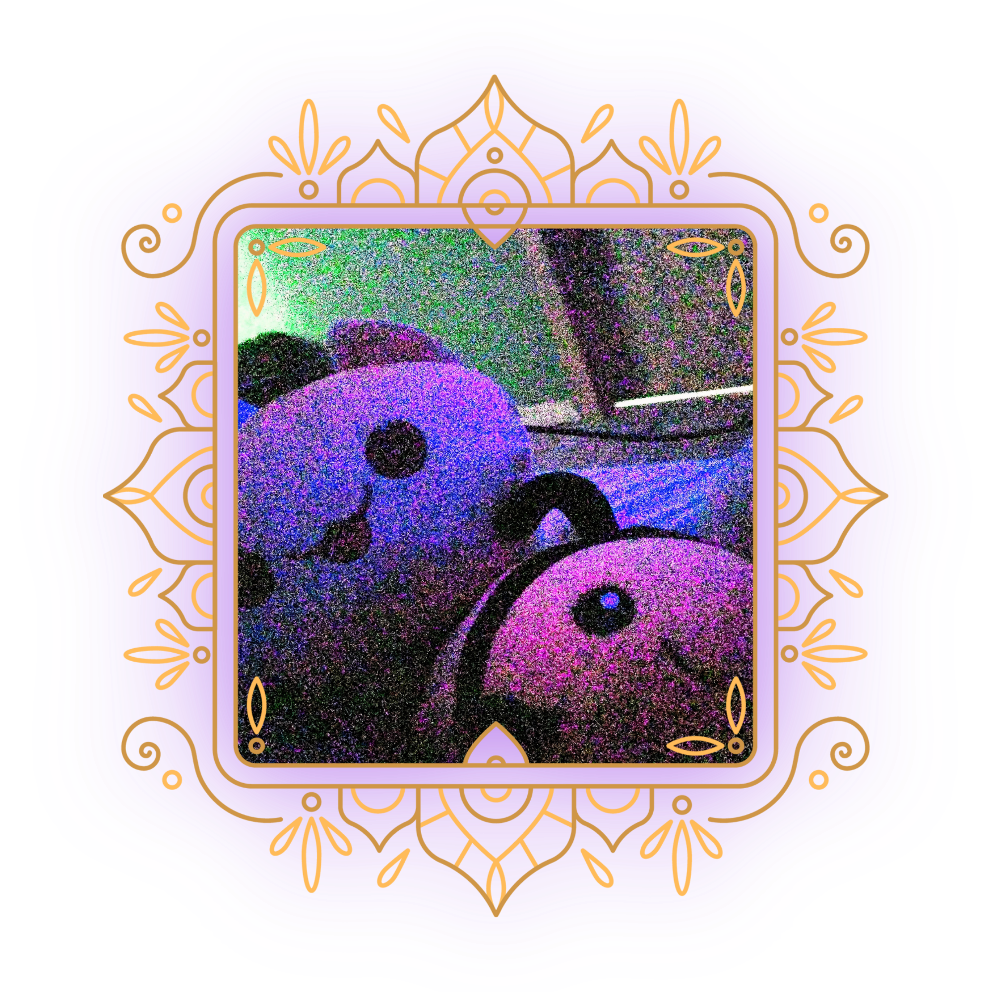 Decorative digital artwork with a purple abstract background, gold ornate frame, and a colorful pixelated skull image in the center.