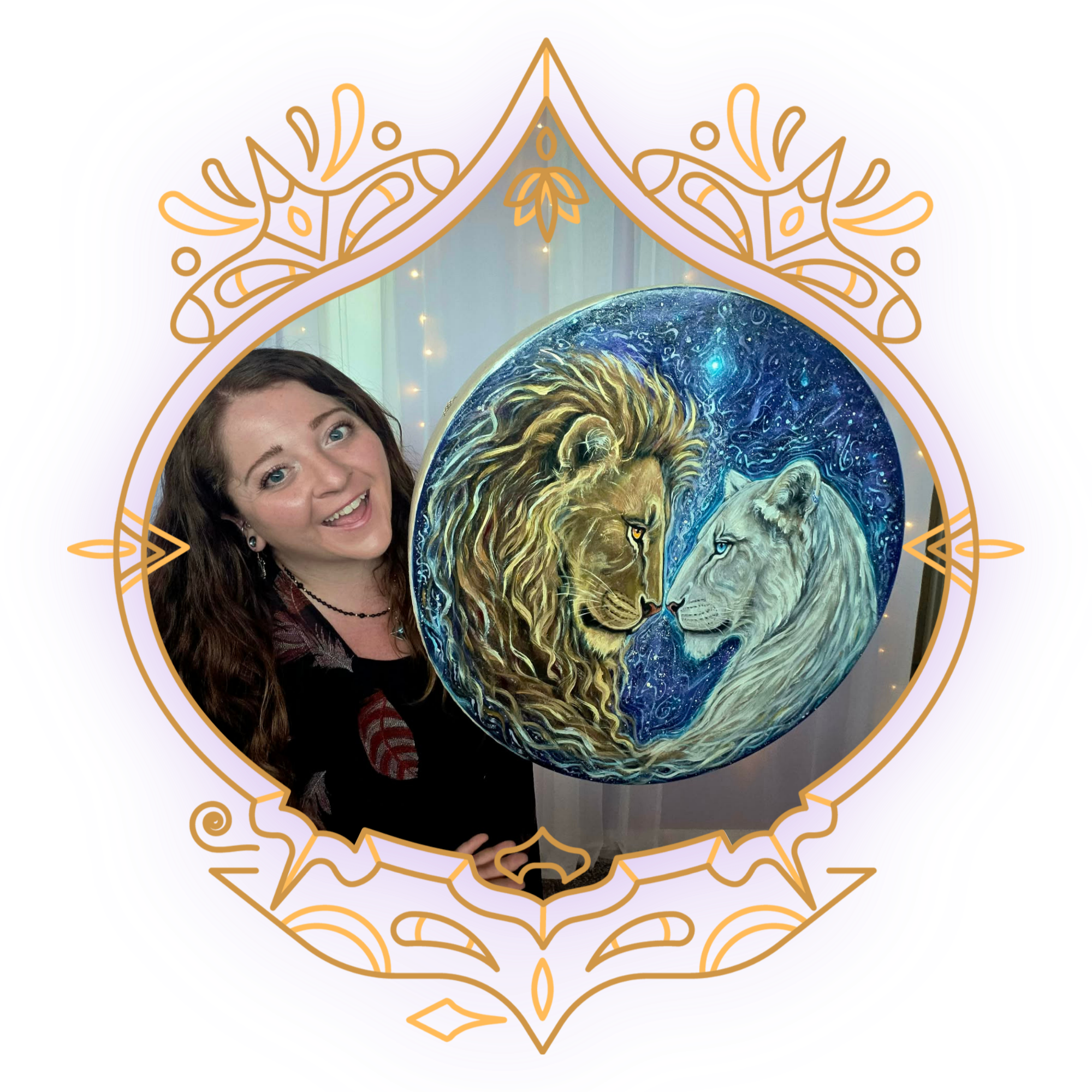 A woman with long hair smiling in front of a decorative painting of a lion and a wolf, surrounded by a digitally added ornate purple and gold border.