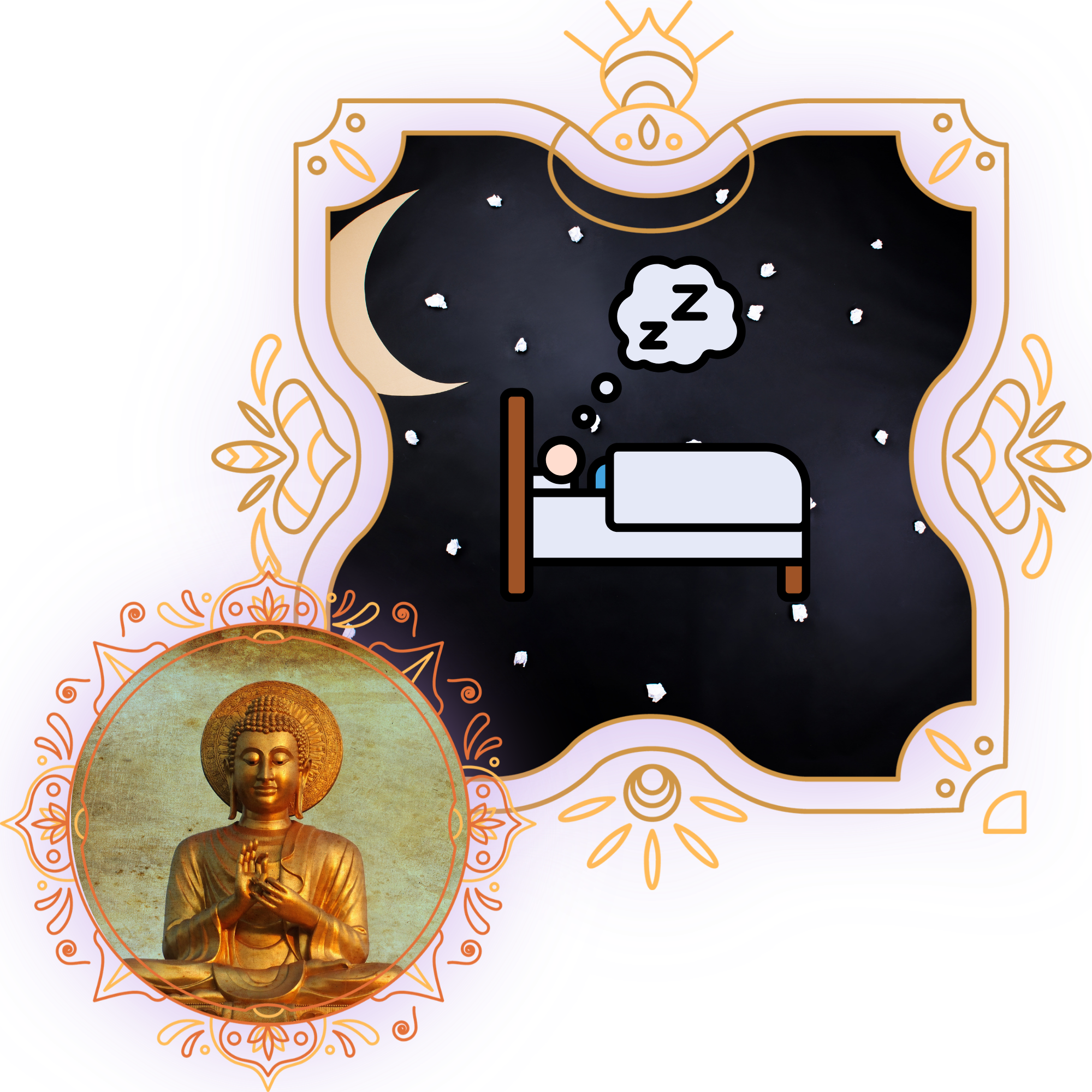 A golden Buddha statue with eyes closed, sitting cross-legged with hands in a prayer gesture, inside a decorative circular frame on a black background. The frame is surrounded by purple, gold, and white ornate designs, with a small figure sitting and sleeping on a bed in front of the Buddha.