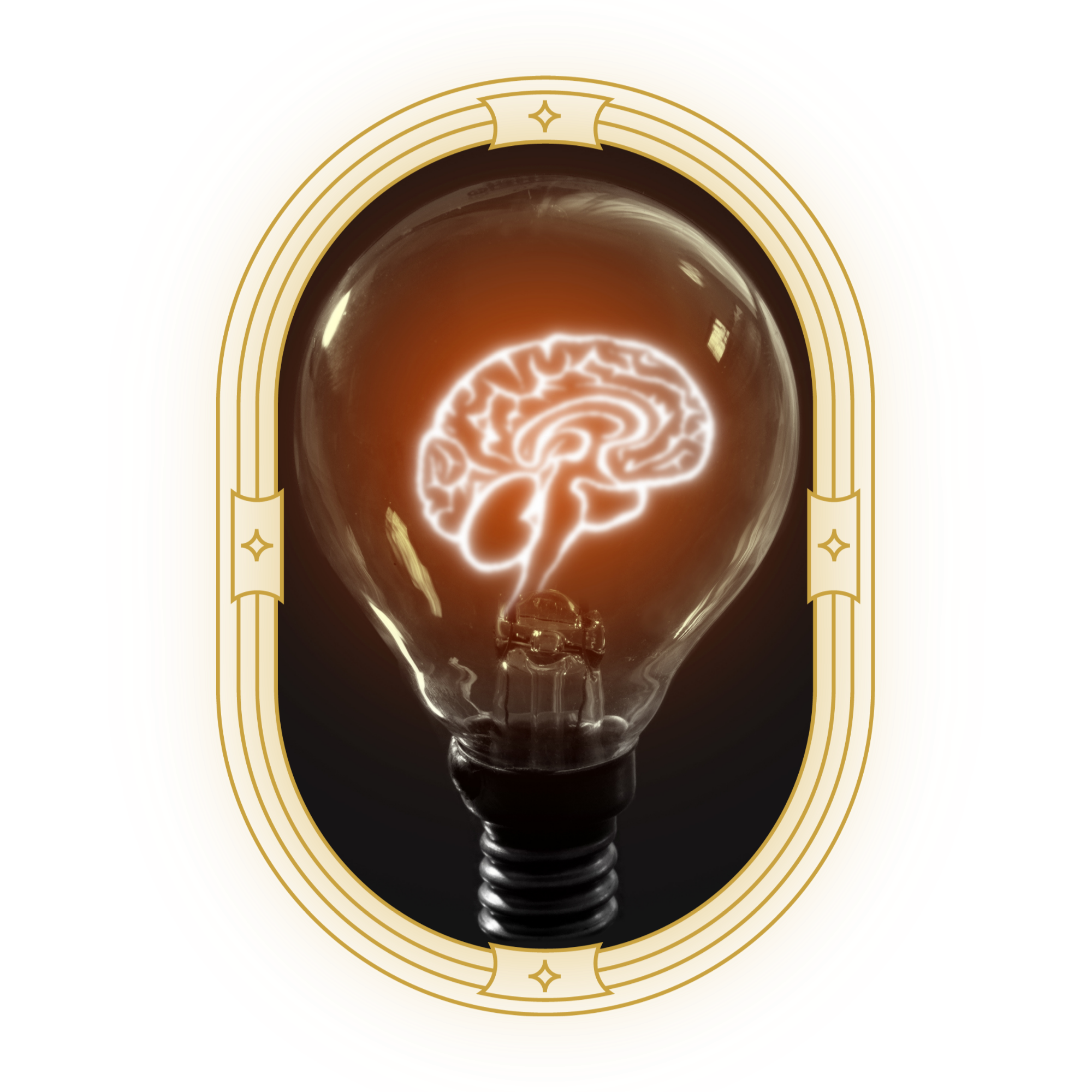 Close-up of a lightbulb filament with a brain illustration glowing inside, surrounded by colorful concentric circles and a red background.