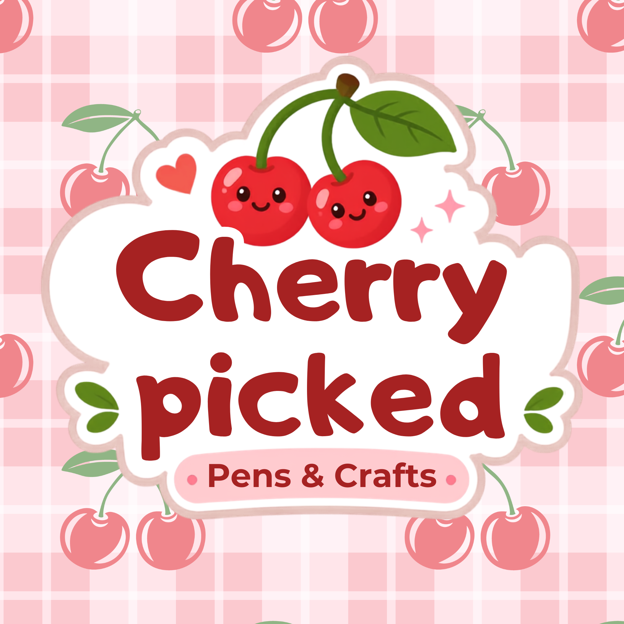 Cute cartoon cherries with smiling faces, green leaves, and the words "Cherry picked!" on a pink checked background for a pens and crafts shop.