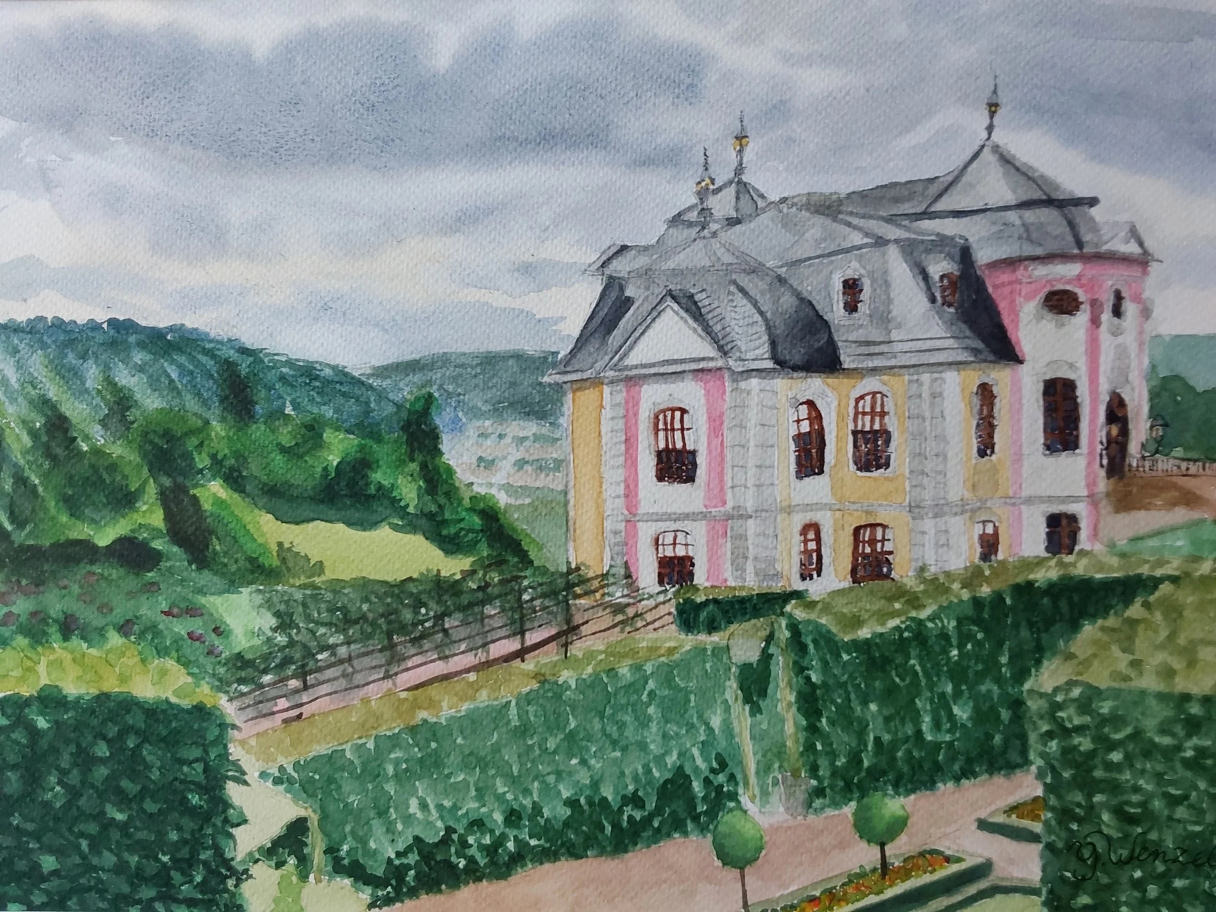 Rokoko im Saaletal – Eines der Dornburger Schlösser mit Park und Rosenrabatten, eingebettet in die weite Landschaft. Gelb- und Rosatöne des Schlosses verleihen dem Aquarell voller sommerliche leichte Atmosphäre.