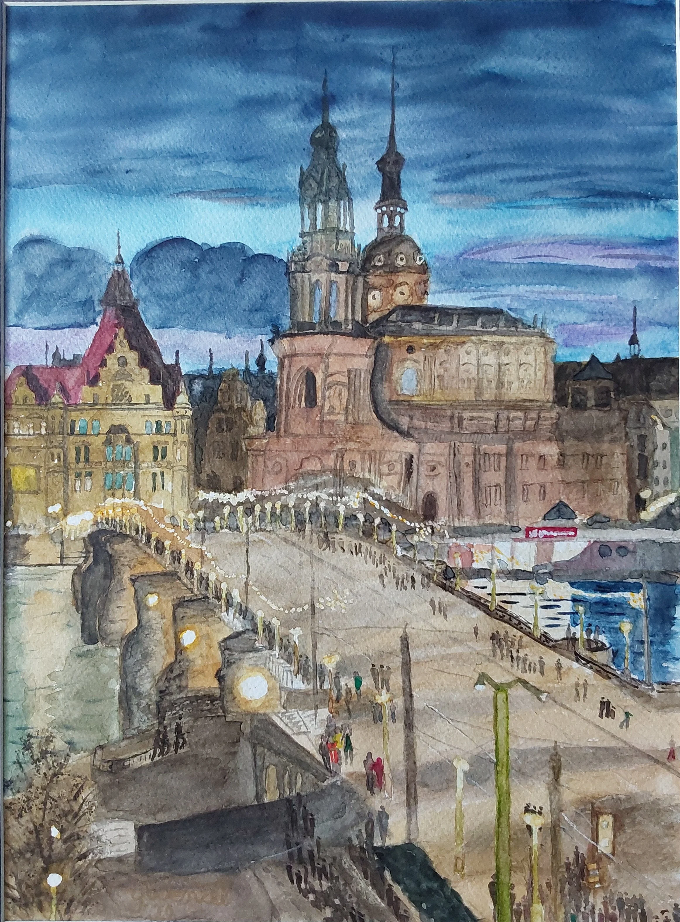 Blick vom Riesenrad – Dresden am Abend von oben. Schloss, Hofkirche, Semperoper und Augustusbrücke, festlich beleuchtet zur Weihnachtszeit.