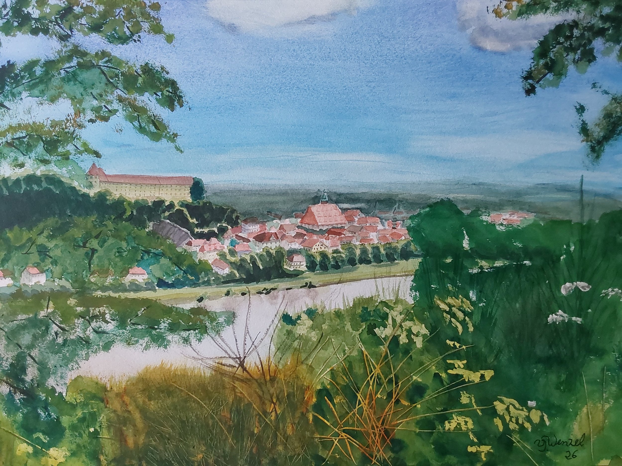 Sonnige Umwege – Blick vom erhöhten Wanderweg auf Pirna: Üppige Vegetation, die Elbe, Schloss Sonnenstein, Kirche und die Dächer der Altstadt. Ein ungeplanter Weg, der uns mit einer fantastischen Aussicht belohnte.