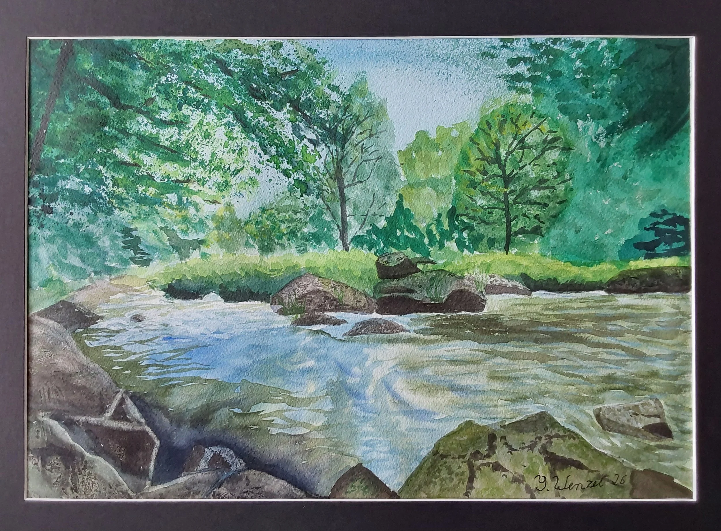 An der Weißen Elster – Eine ruhige Flusslandschaft mit Steinen am Ufer und üppiger Vegetation. Eine persönliche Erinnerung an viele gemeinsame Wege mit Charly.