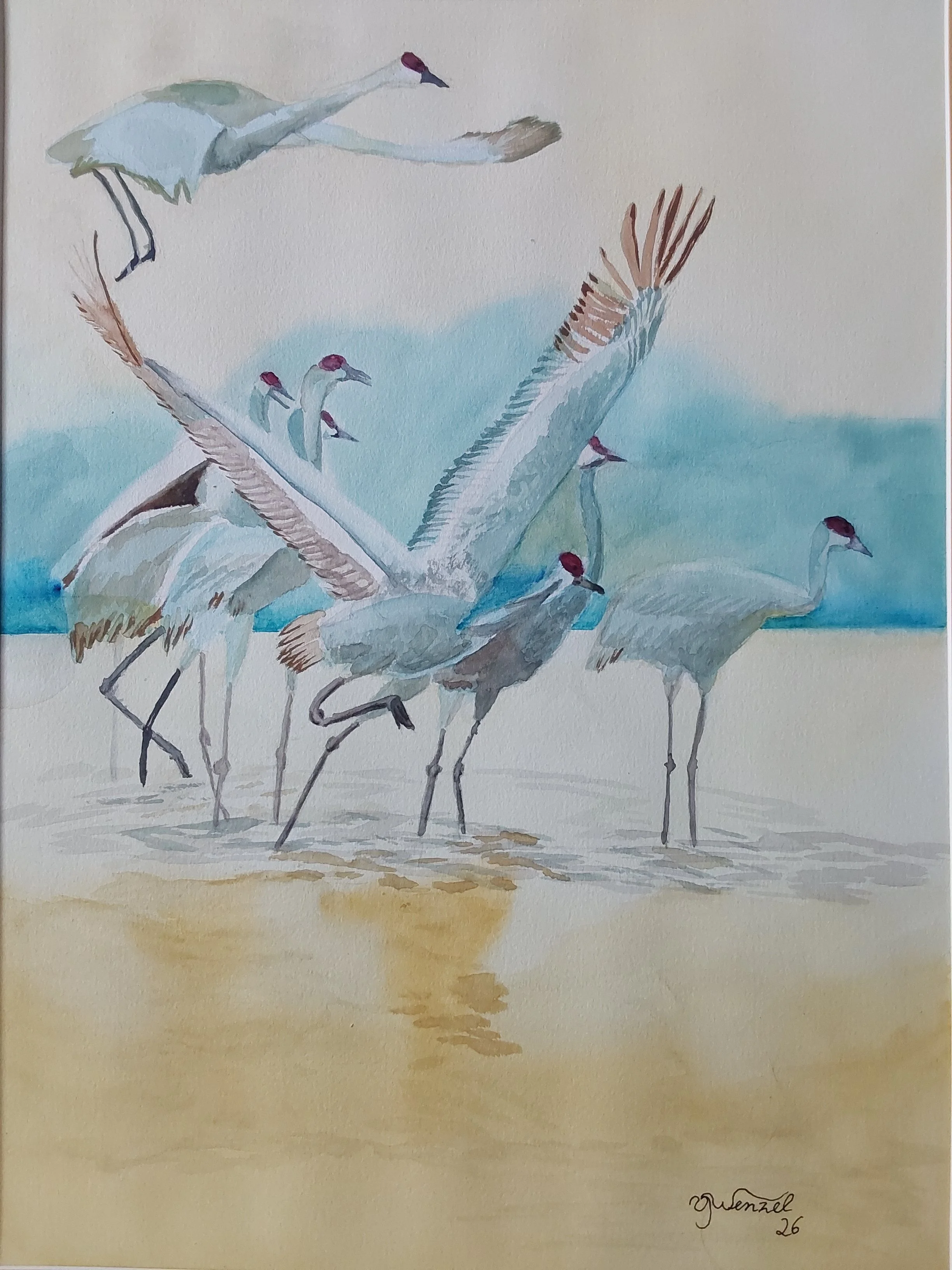 "Aufbruch in den Neuen Tag" - Der Tag beginnt und bringt was Neues. Die Kraniche ziehen im morgendlichen Tageslicht davon. Das kühle Blau der Vögel gibt einen schönen Kontrast. Ein Aquarell über Aufbruch, Hoffnung und den Beginn des neuen Tages.