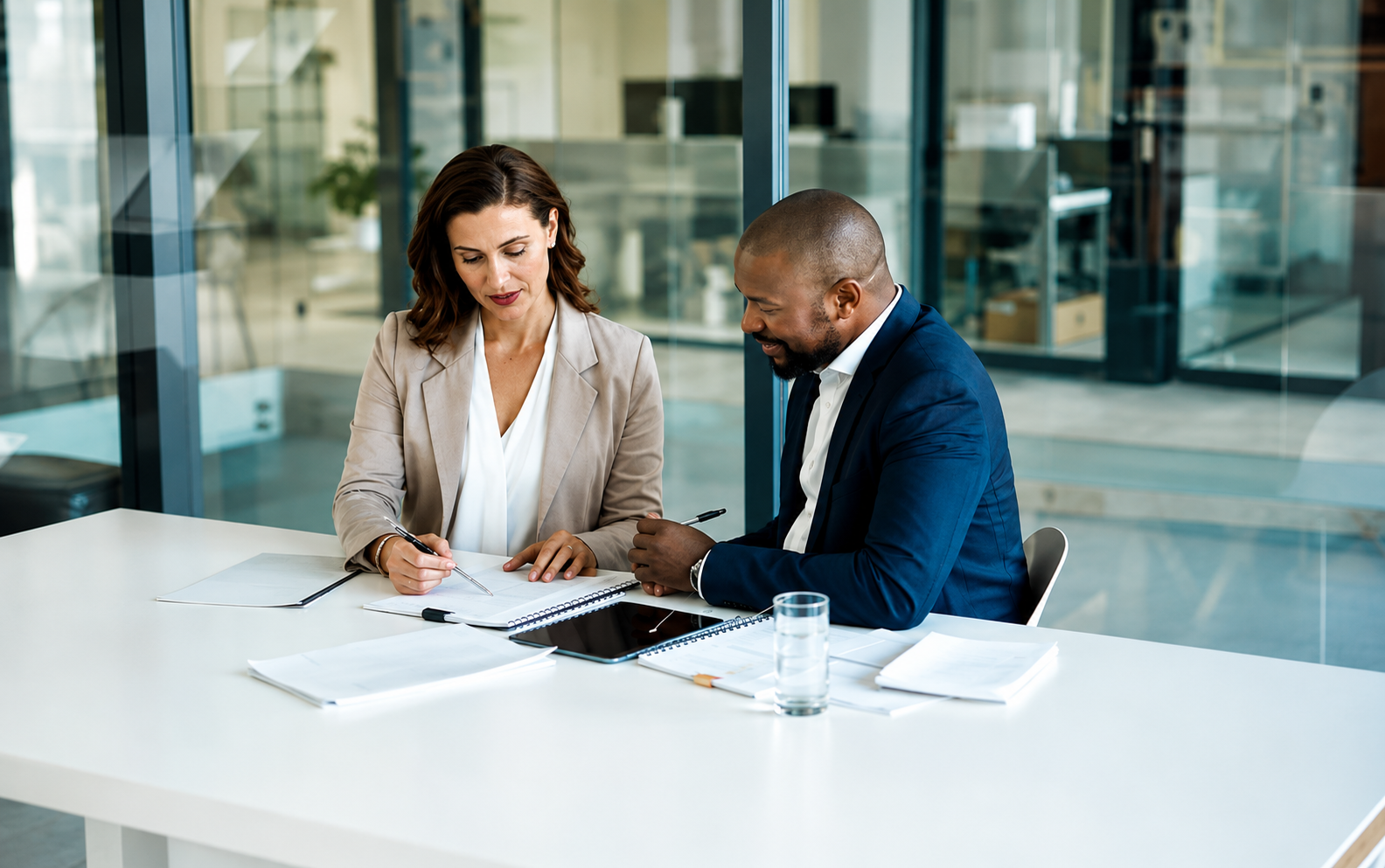 A professional woman and a man sitting at a white table, engaged in a discussion with notebooks, a tablet, and documents in an office setting.