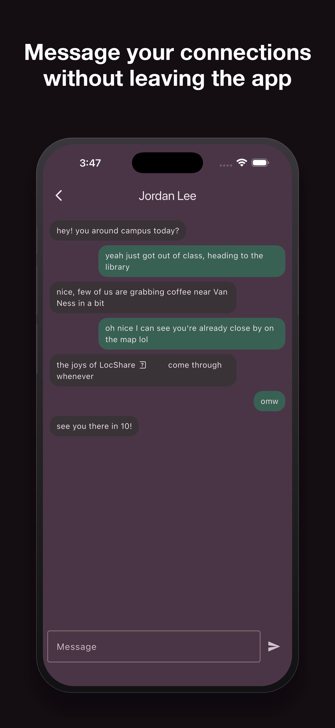 A smartphone screen displaying a messaging app conversation between Jordan Lee and another person, over a dark background with the text 'Message your connections without leaving the app' at the top.