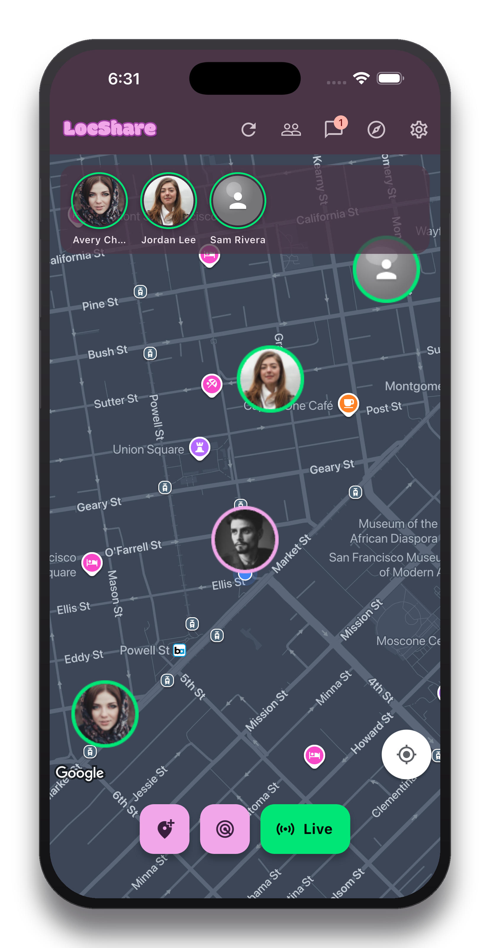 A mobile phone screen showing a map and live location sharing with multiple user profiles, icons for notifications, settings, and options for live tracking at the bottom.