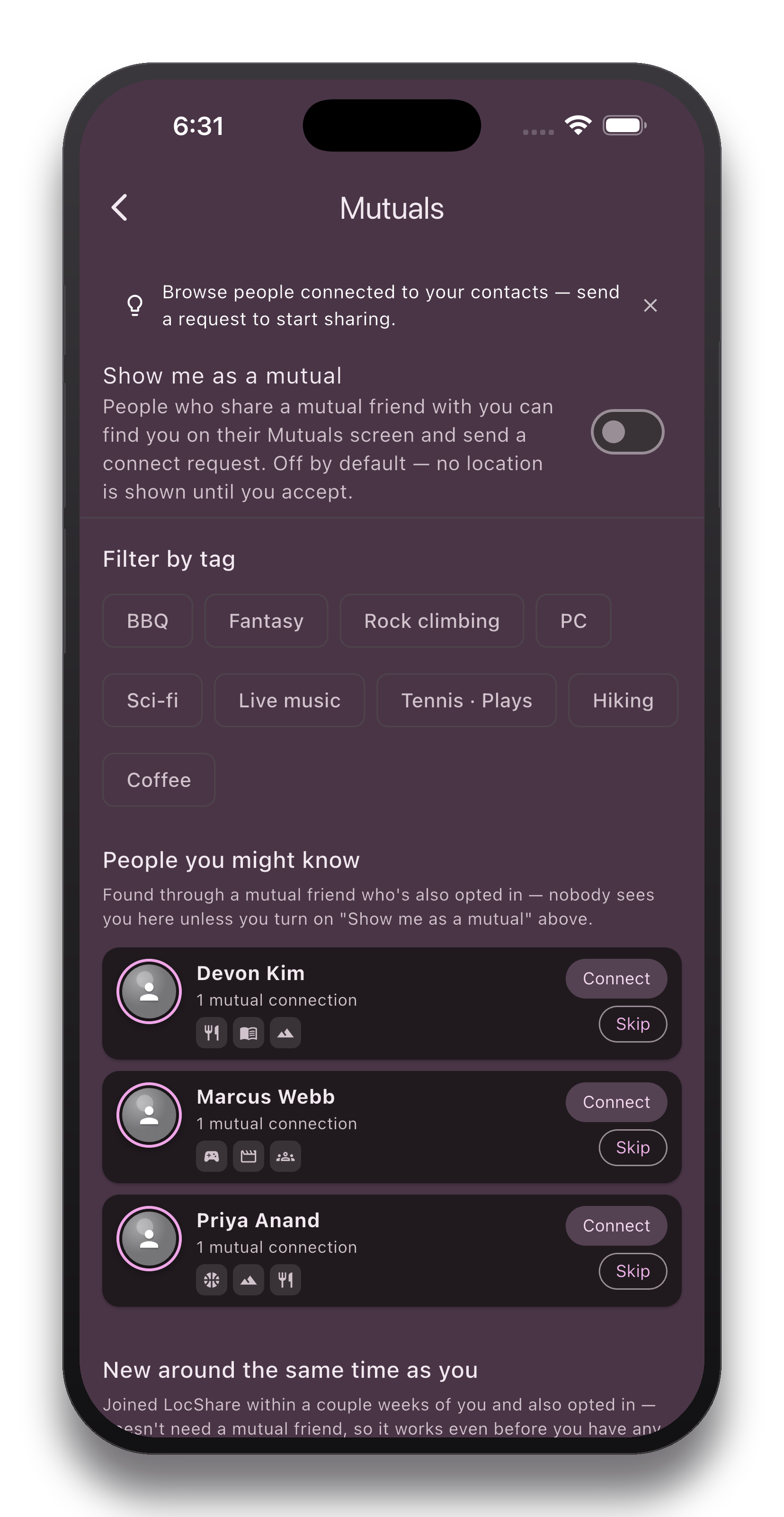 A smartphone screen displaying a contacts or mutuals page in a social app, showing options to connect with people like Devon Kim, Marcus Webb, and Priya Anand, with connection status and buttons to connect or skip.