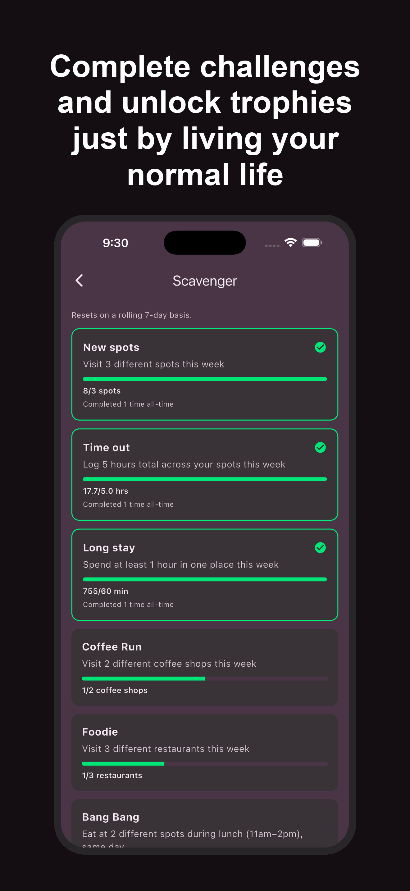 A screenshot of a mobile app showcasing a weekly fitness and lifestyle challenge tracker with categories like 'New spots,' 'Time out,' 'Long stay,' 'Coffee Run,' 'Foodie,' and 'Bang Bang,' each with progress indicators and completion statuses.