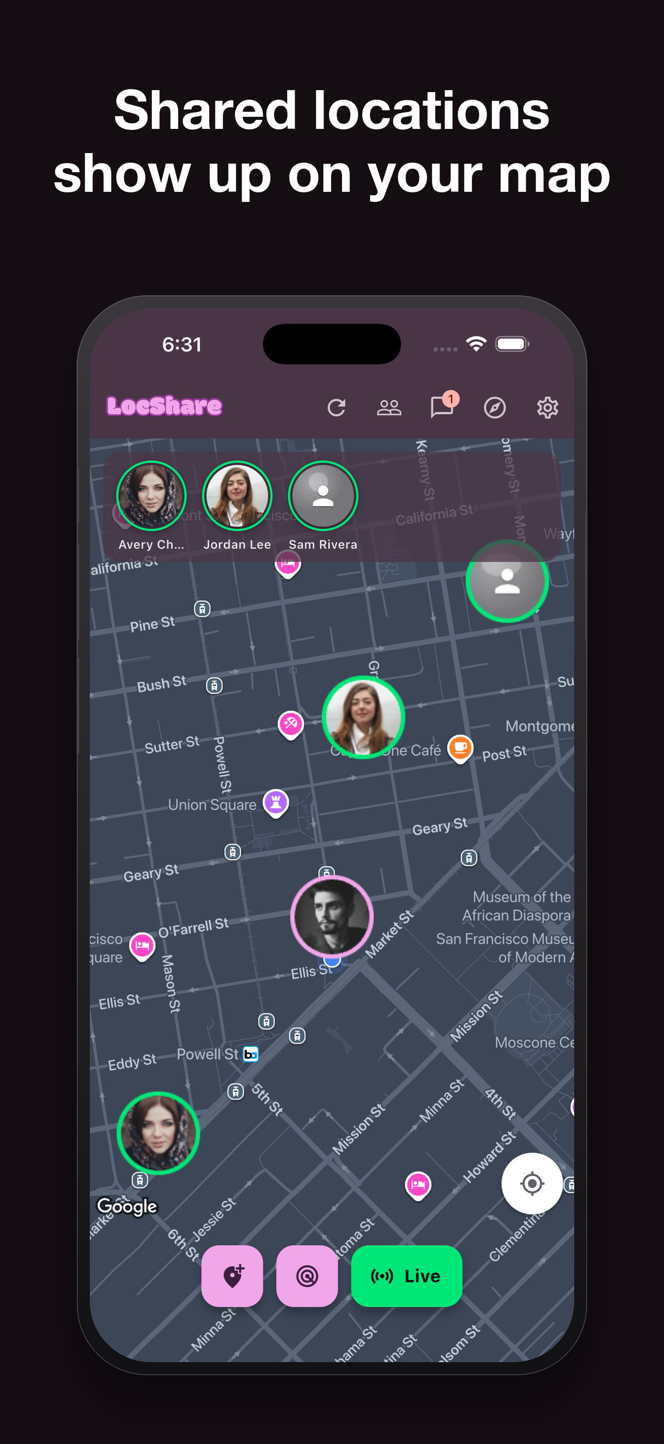 A mobile app interface showing a map with shared locations of people, with profile pictures and icons representing various places and users, and a black background with the text 'Shared locations show up on your map' at the top.
