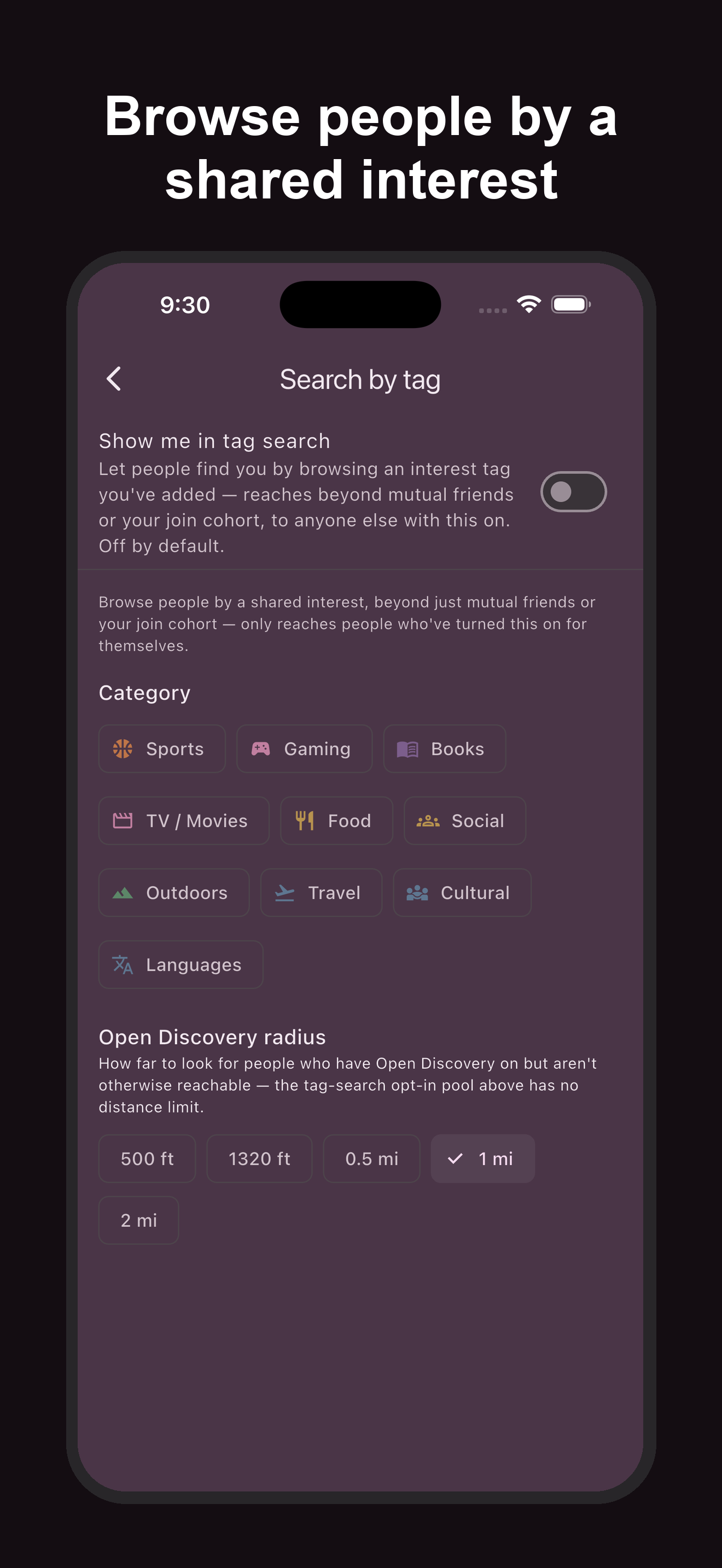Mobile app interface with options for searching and browsing topics like Sports, Gaming, Books, TV/Movies, Food, Social, Outdoors, Travel, Cultural, and Languages, with distance radius settings at the bottom.