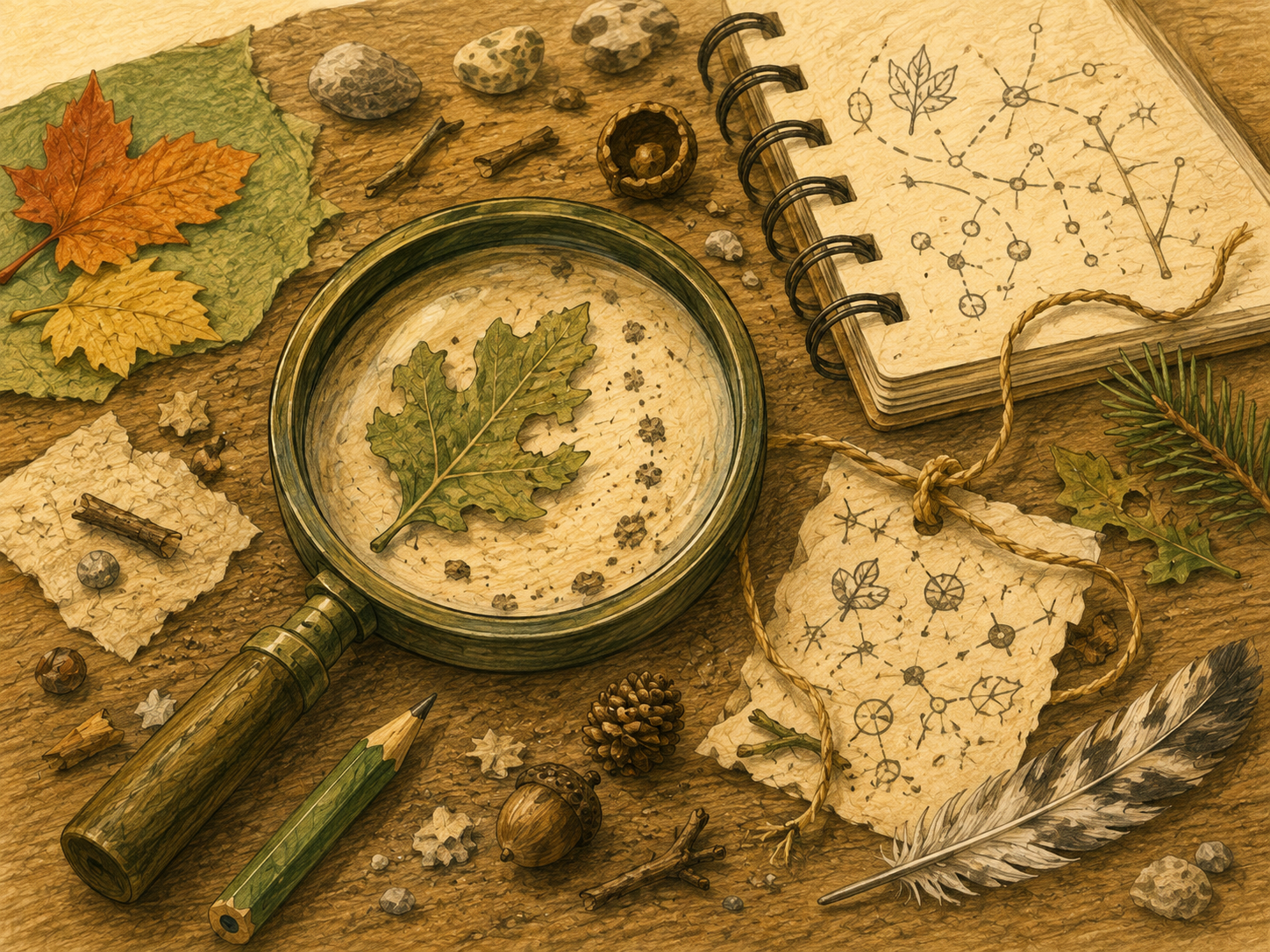 A science experiment setup on a wooden surface featuring autumn leaves, small rocks, a magnifying glass, a notebook with star and leaf diagrams, feathers, pinecone, acorn, small trinkets, and paper with botanical illustrations.