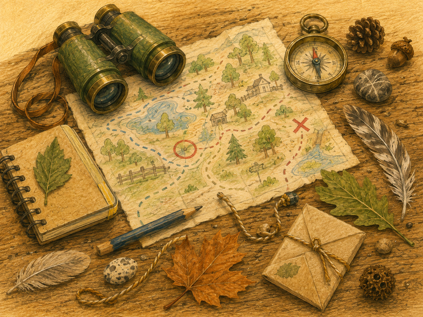 A vintage treasure hunt scene with a hand-drawn map, binoculars, a compass, leaves, feathers, a notebook, a pencil, a small wrapped gift, and scattered natural objects on a wooden surface.