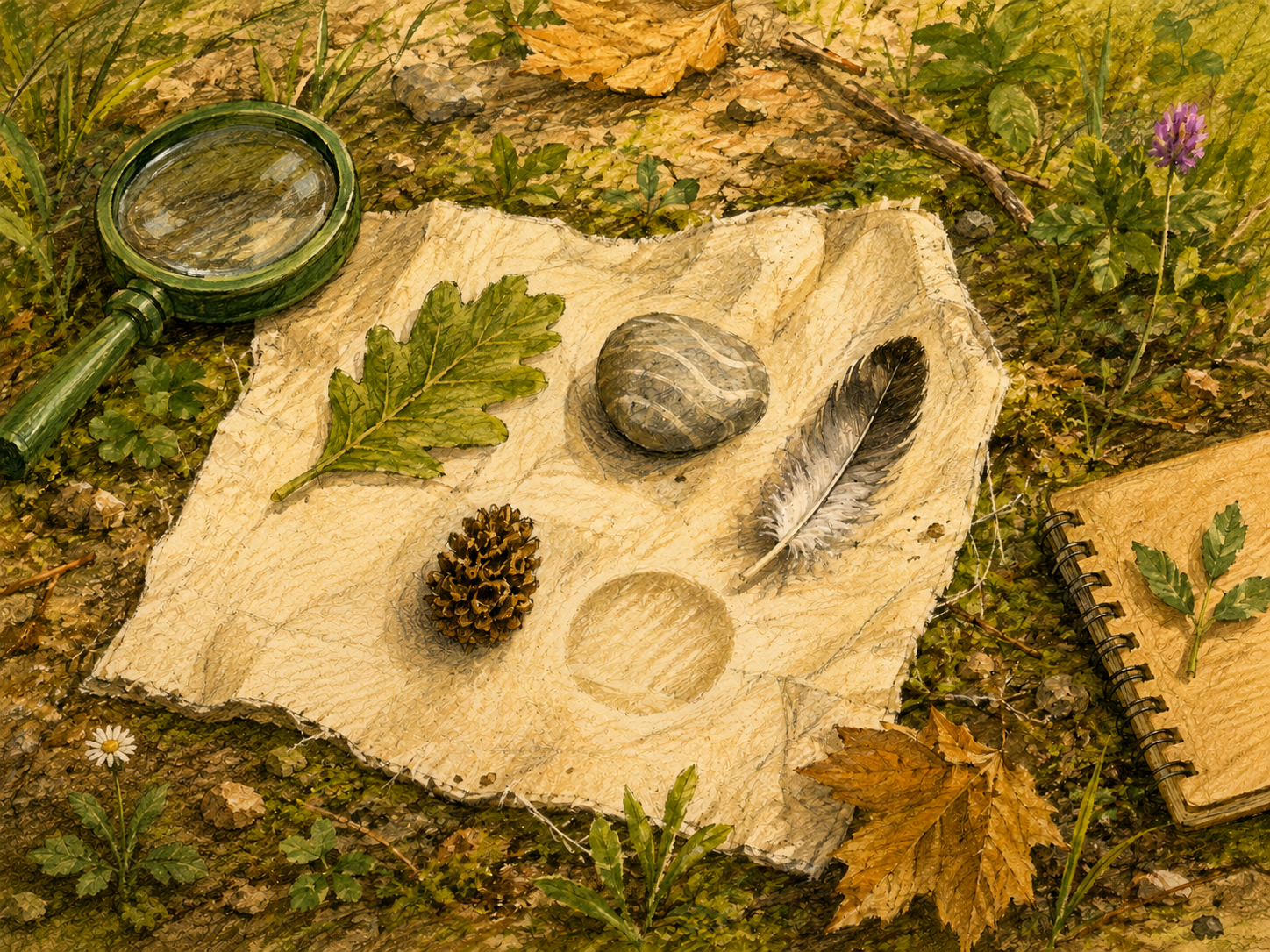 A collection of natural objects and outdoor field notes including a rock, a pine cone, a feather, a leaf, a magnifying glass, and a notepad with a leaf on it, arranged on a textured paper on the ground surrounded by grass, small flowers, and leaves.