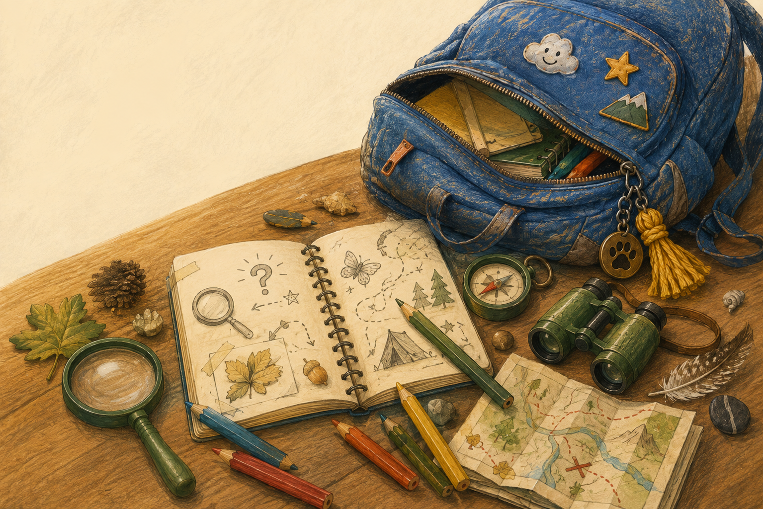 A wooden table with a blue backpack, a notebook with drawings of trees and a tent, a compass, binoculars, colored pencils, a magnifying glass, a map, a feather, and various small nature objects like rocks, leaves, acorns, and a pine cone.