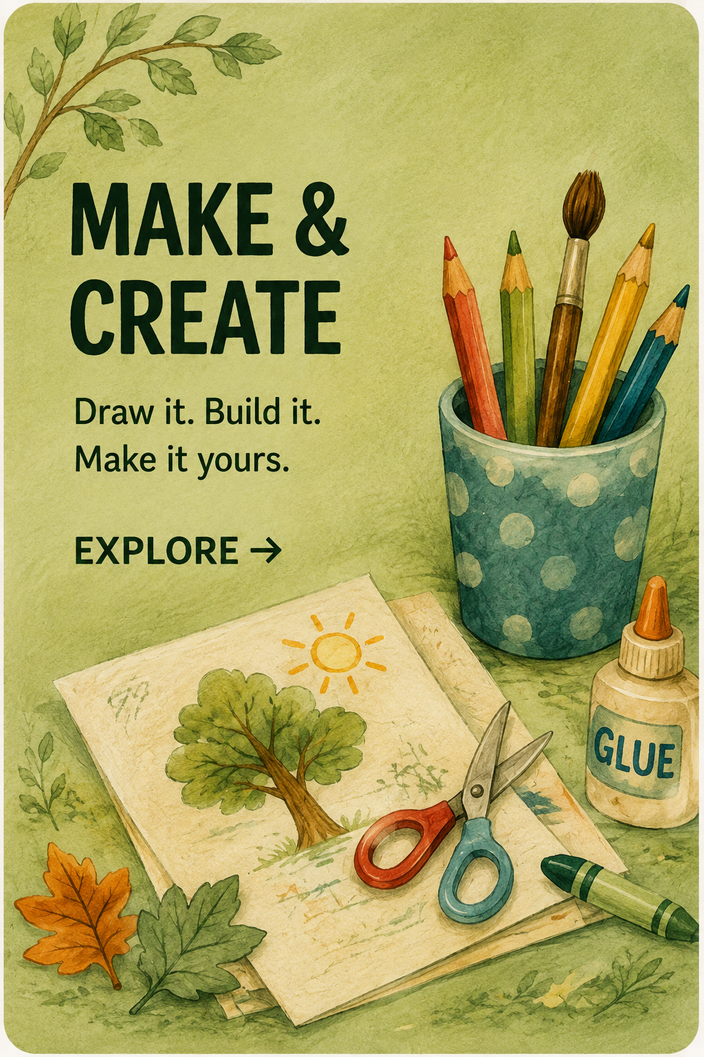 Illustration of art supplies and a nature drawing with scissors, glue, colored pencils, and leaves on green background, promoting a creative activity.
