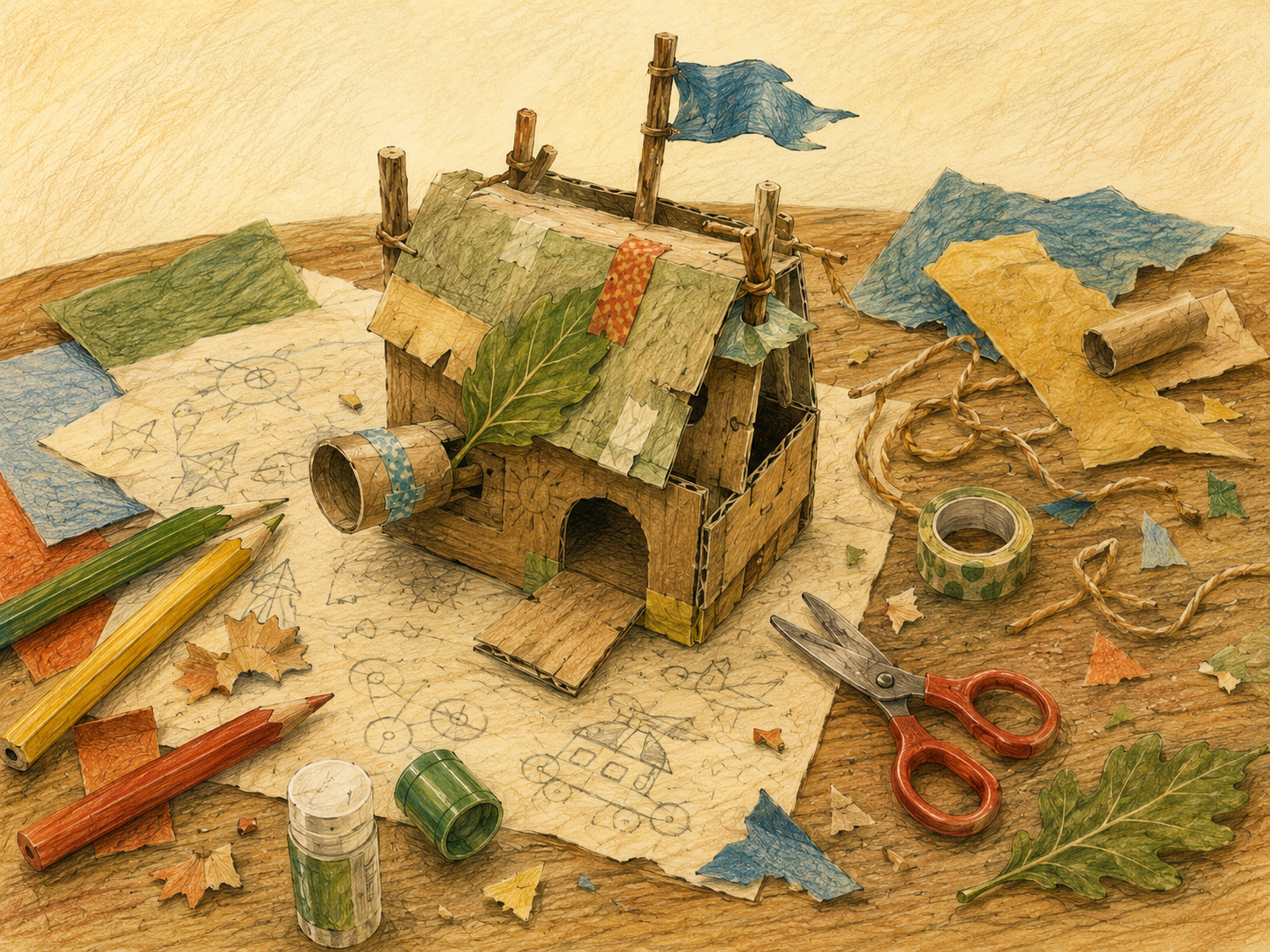 A miniature cardboard house with a leaf and blue tape on the roof, surrounded by colored paper, pencils, scissors, and craft supplies on a wooden table.