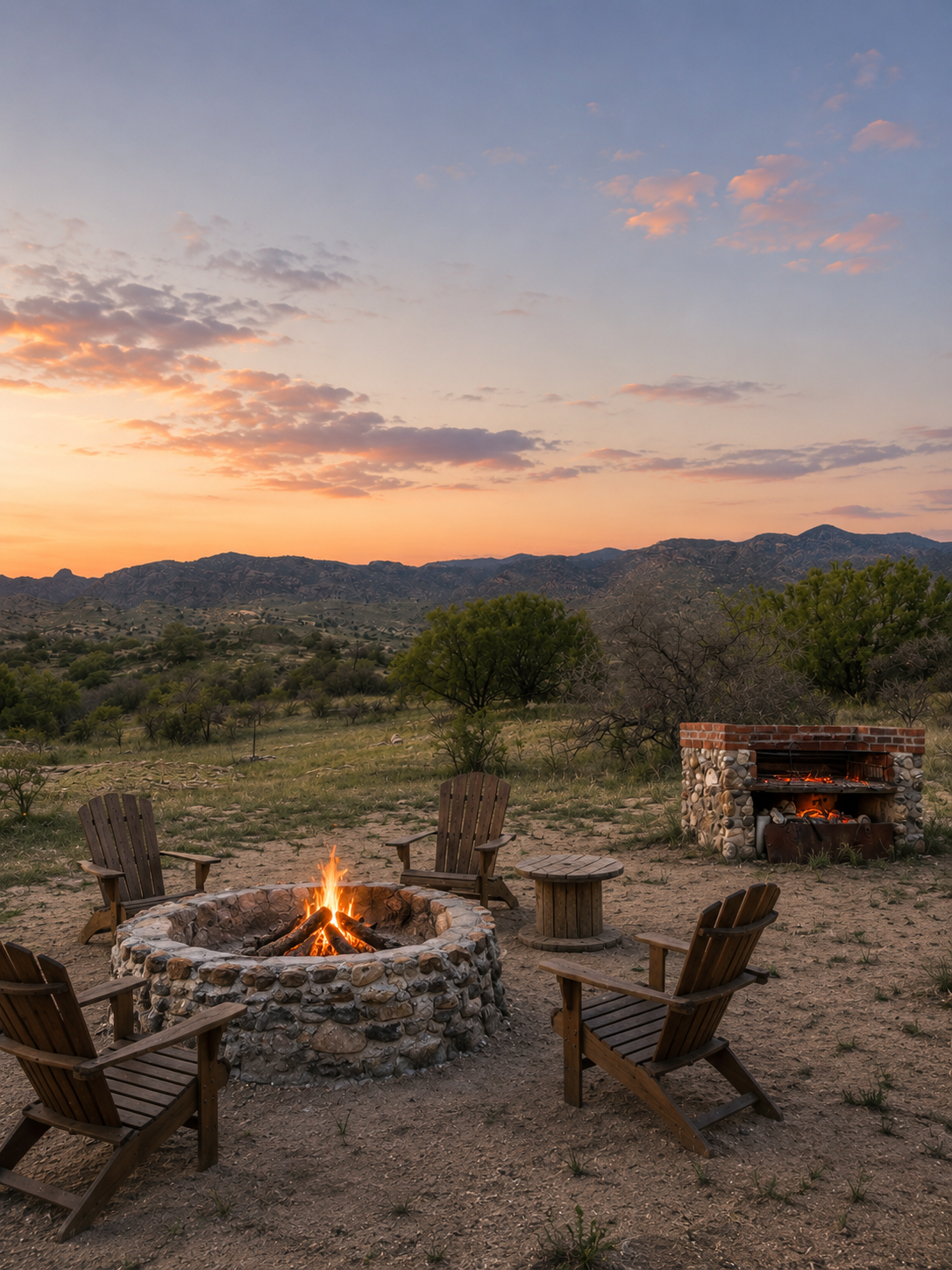 Outdoor campfire area at sunset with five wooden chairs arranged around a stone fire pit and a brick and stone grill in expansive natural landscape with mountains in the background.