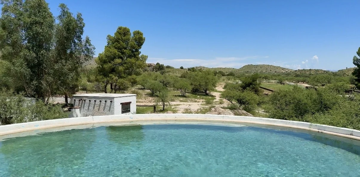 Pool in a rural landscape with trees, shrubs, and rolling hills under a clear blue sky.