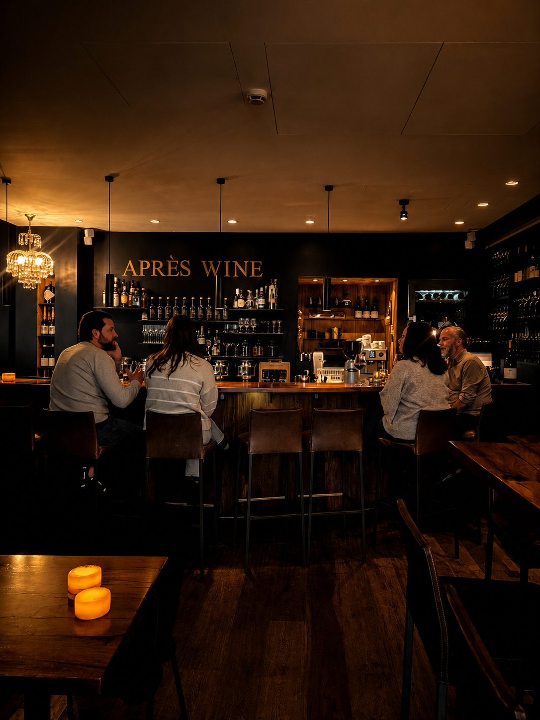 People sitting at a bar in a dimly lit wine bar, with shelves of wine bottles behind the counter and candles on the tables.