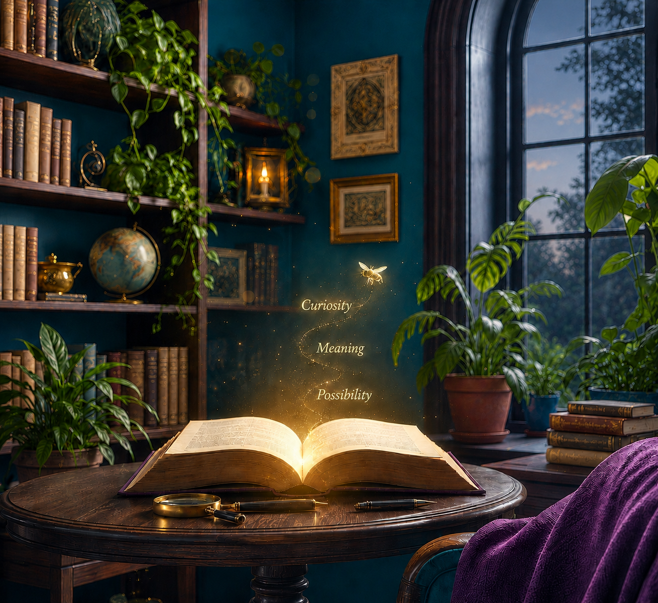 A cozy, richly decorated room with bookshelves filled with old books, a globe, and decorative items. An open book on the table emits a golden glow with the words 'Curiosity,' 'Meaning,' and 'Possibility' floating above. Several potted plants sit near a large window showing a twilight sky.