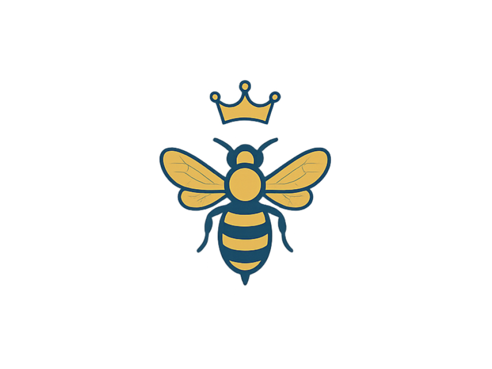Illustration of a bee with golden wings, blue and yellow striped body, wearing a crown.