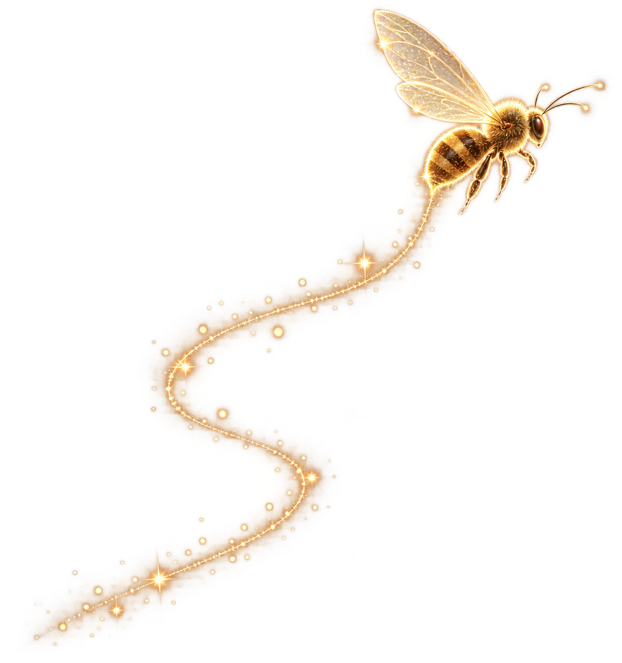 Golden bee flying along a winding trail of glowing light.