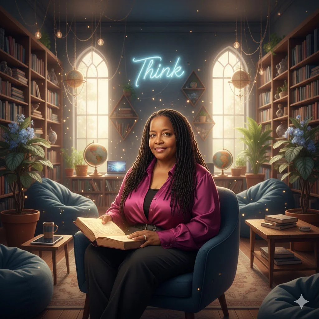 A woman with long braided hair sitting in a cozy library room, holding an open book. The room has large windows, bookshelves, potted plants, and glowing string lights. A neon sign that says 'Think' is illuminated on the wall behind her.