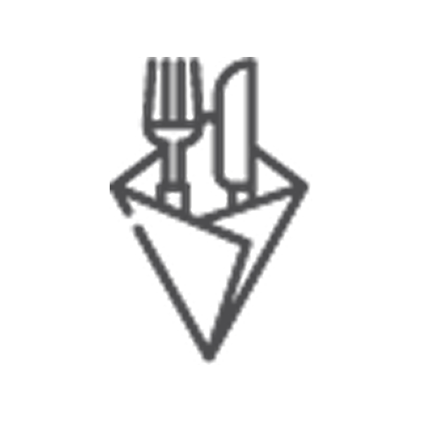 Outline of a fork and knife inside a triangular napkin shape, symbolizing dining or tableware.