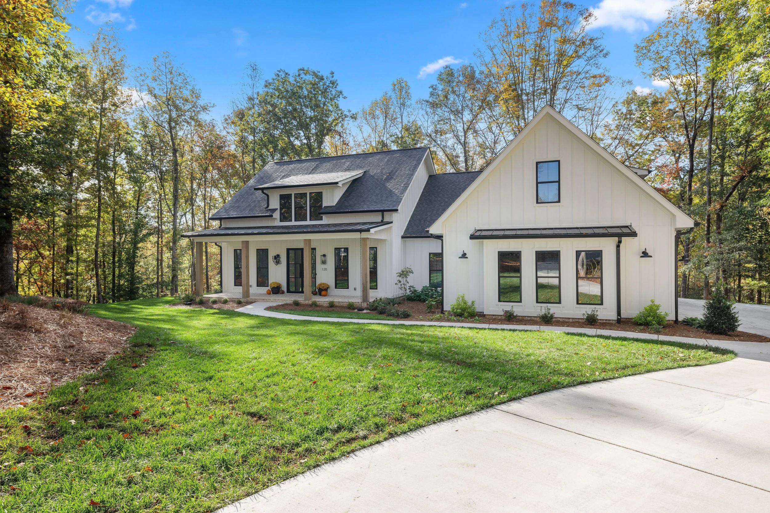 Fiber cement board and baton siding. Standing seam accent roofs. 