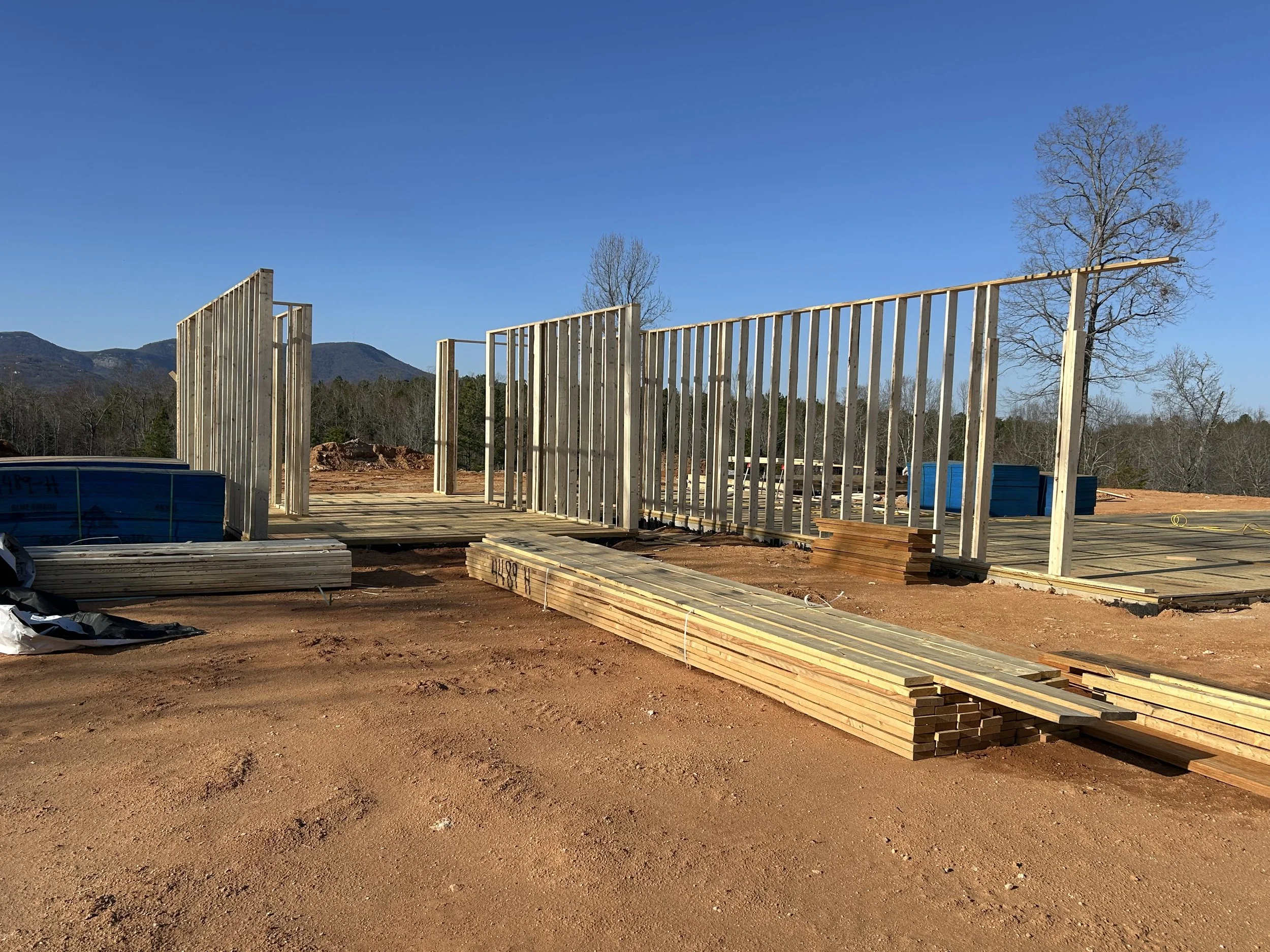 Walls begin to go up. 2x6 exterior walls. Most 10' tall, and some 12' tall.
