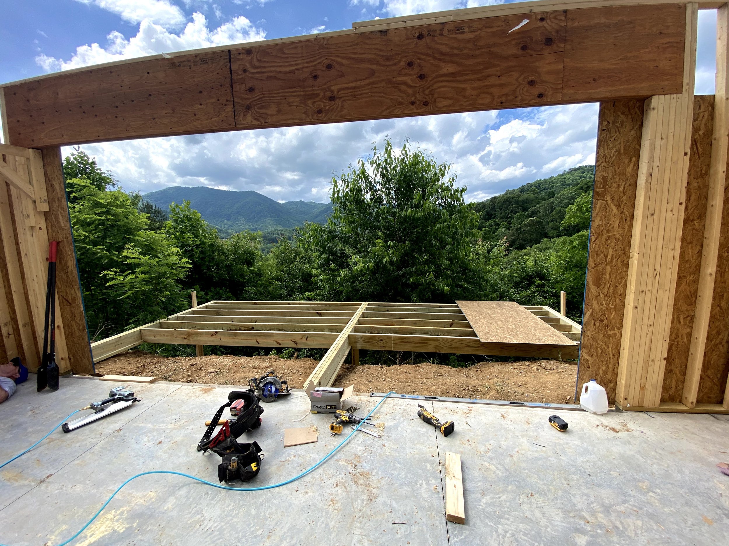 Beginning of framing walls and deck. Double 24" LVL header for support over large sliding door.