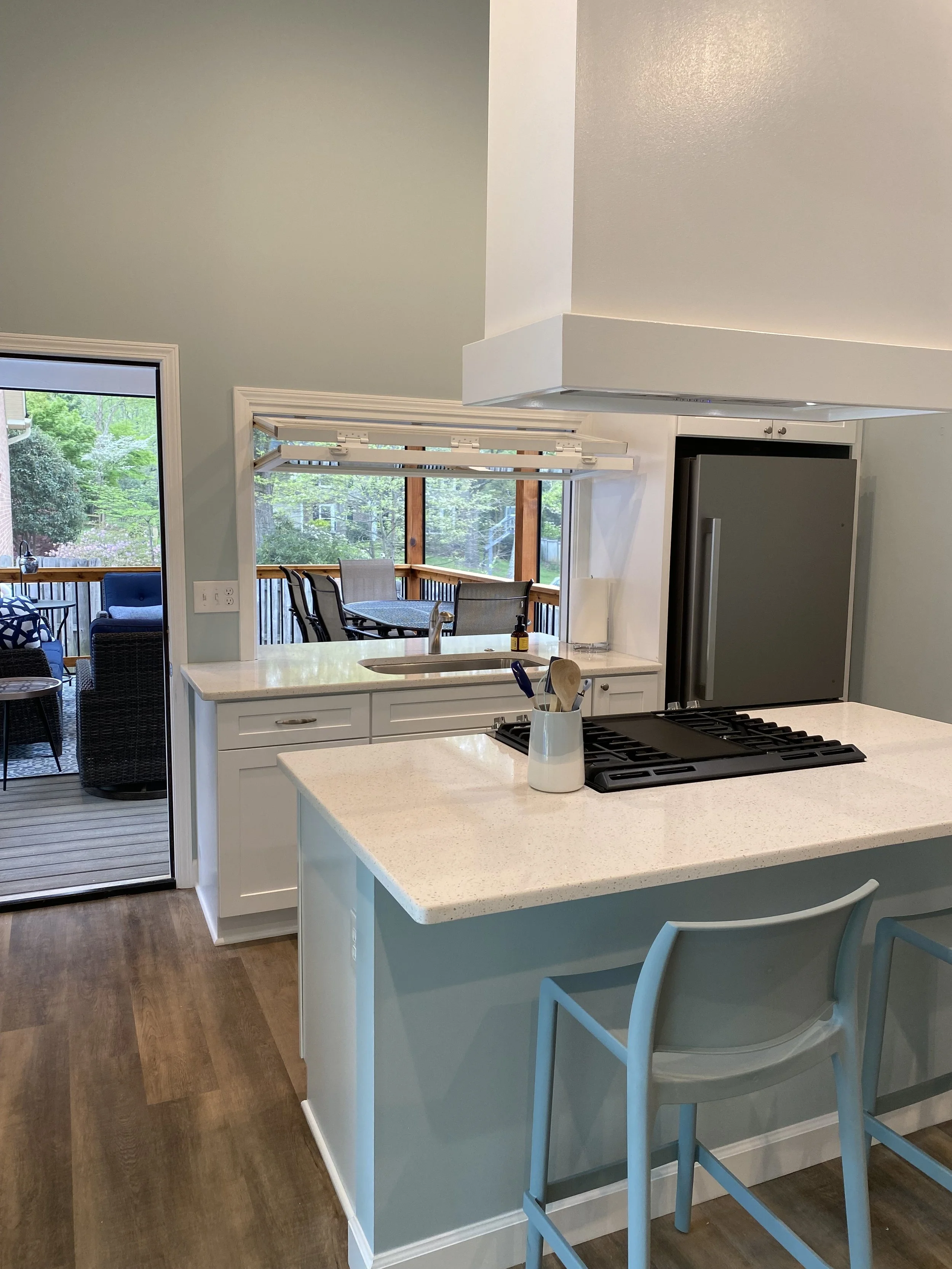 Kitchen of detached pool house/studio apartment. Fold up pass through window to screened in porch. Quartz counters.