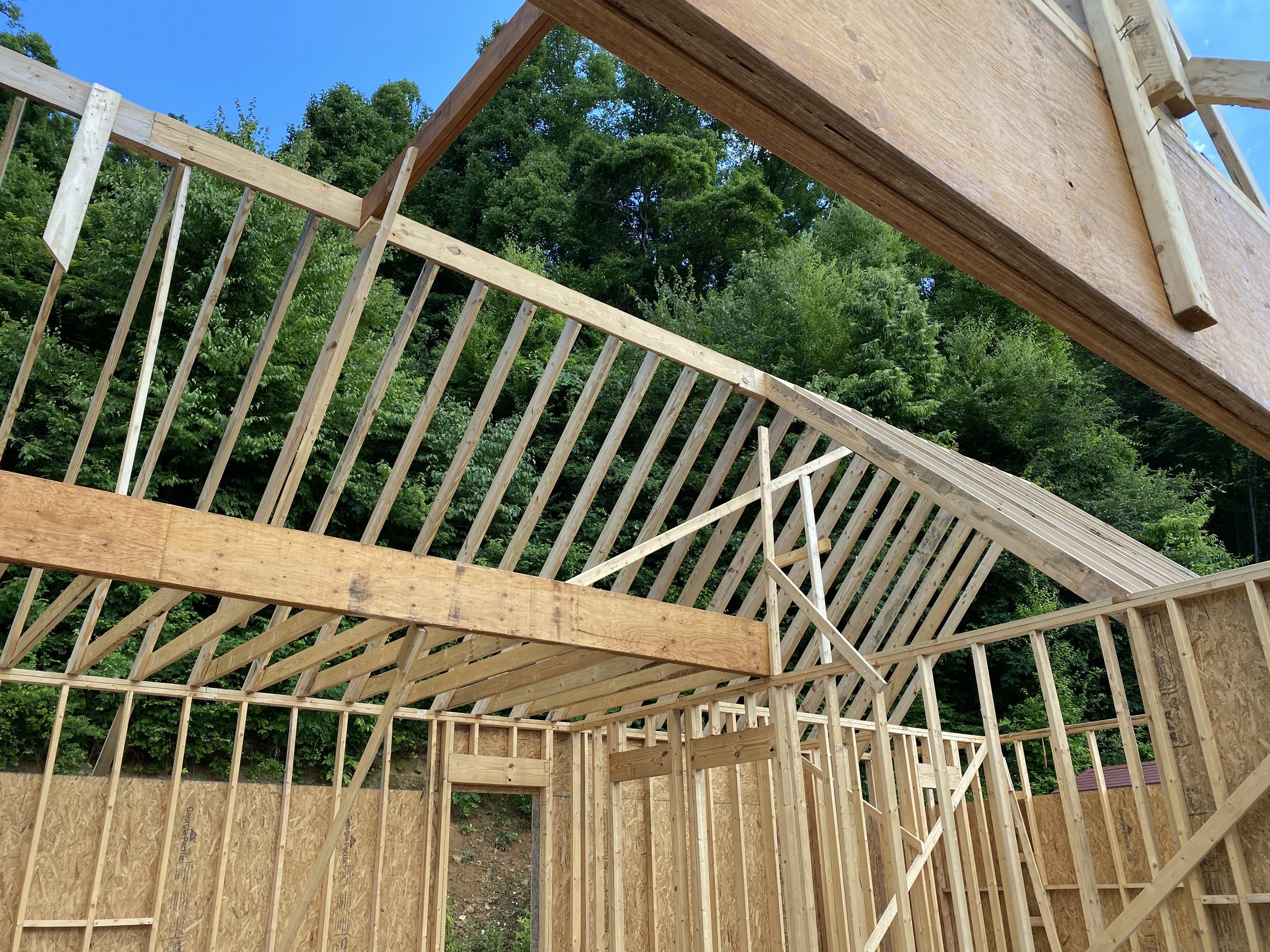 Beginning of the roof framing. 2x10 ridge beam and 2x8 roof rafters on a 12/12 pitch.