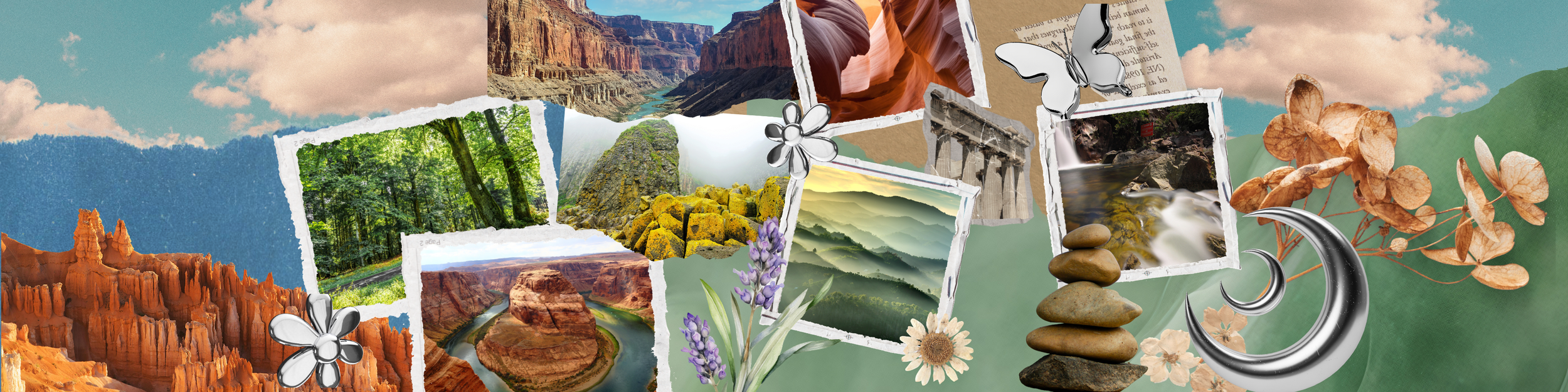 Collage of various outdoor landscapes and nature scenes including waterfalls, forests, mountains, and river views, with decorative flowers, moon, and butterfly embellishments.