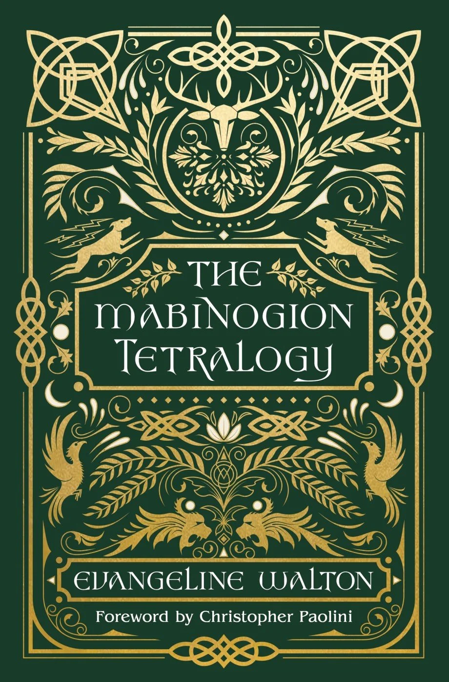Book cover titled "The Mabinogion Tetraology" by Evangeline Walton, featuring intricate gold Celtic design with animals, plants, and geometric patterns on a dark green background.