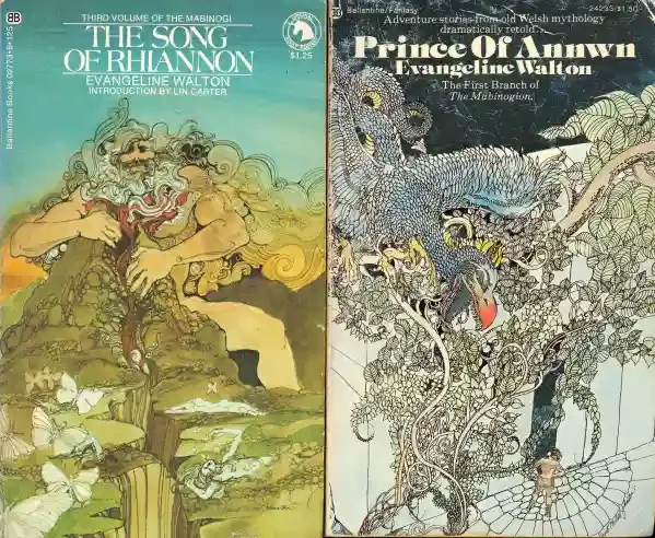Two book covers side by side. The left book titled "The Song of Rhiannon" features a mythical lion with a flowing mane, surrounded by leaves and butterflies. The right book, "Prince of Annwn," shows a detailed illustration of a dragon intertwined with trees, with a person standing on a bridge underneath.