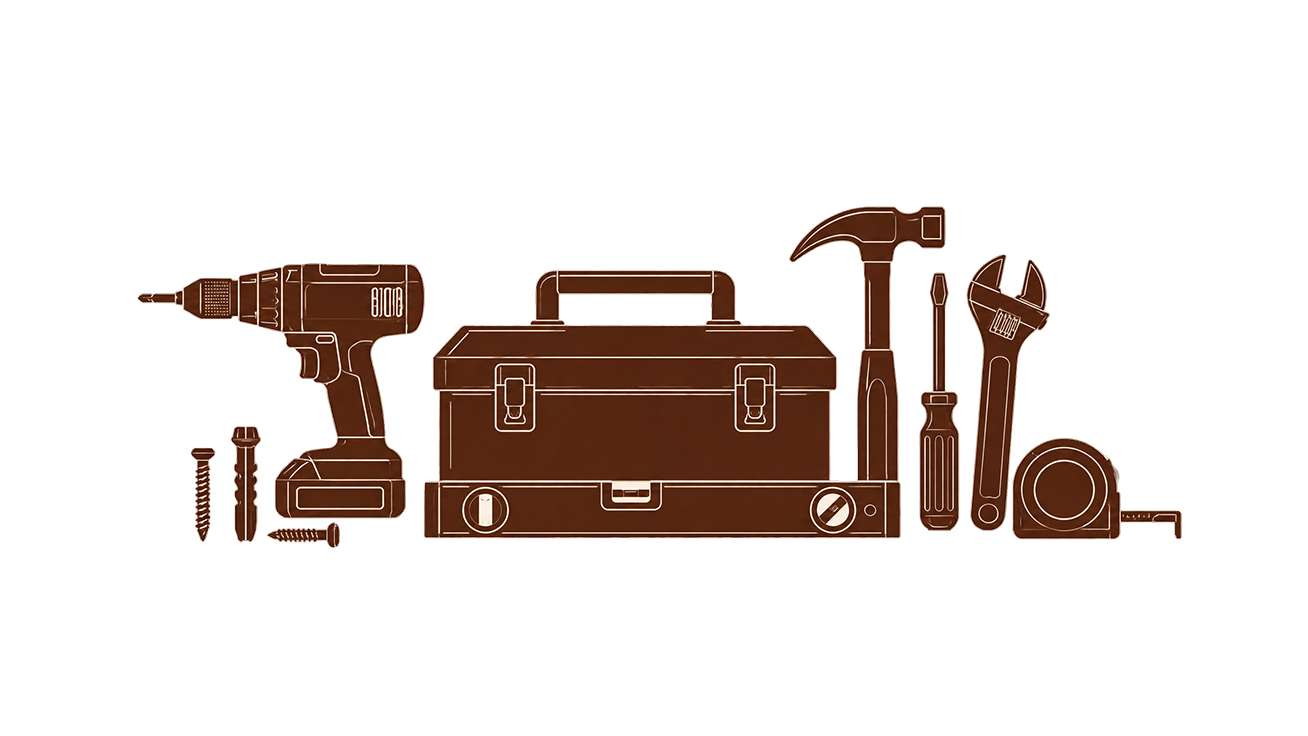 Illustration d'outils de bricolage, y compris une perceuse sans fil, un marteau, un tournevis, une clé à molette, une boîte à outils, et des vis, tous en couleur marron.