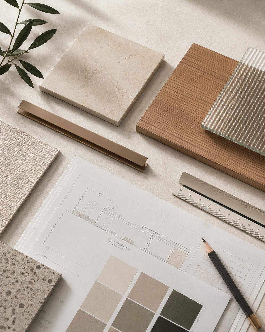 Échantillons de matériaux pour design intérieur, comprenant des carreaux, bois, plans et palettes de couleurs.