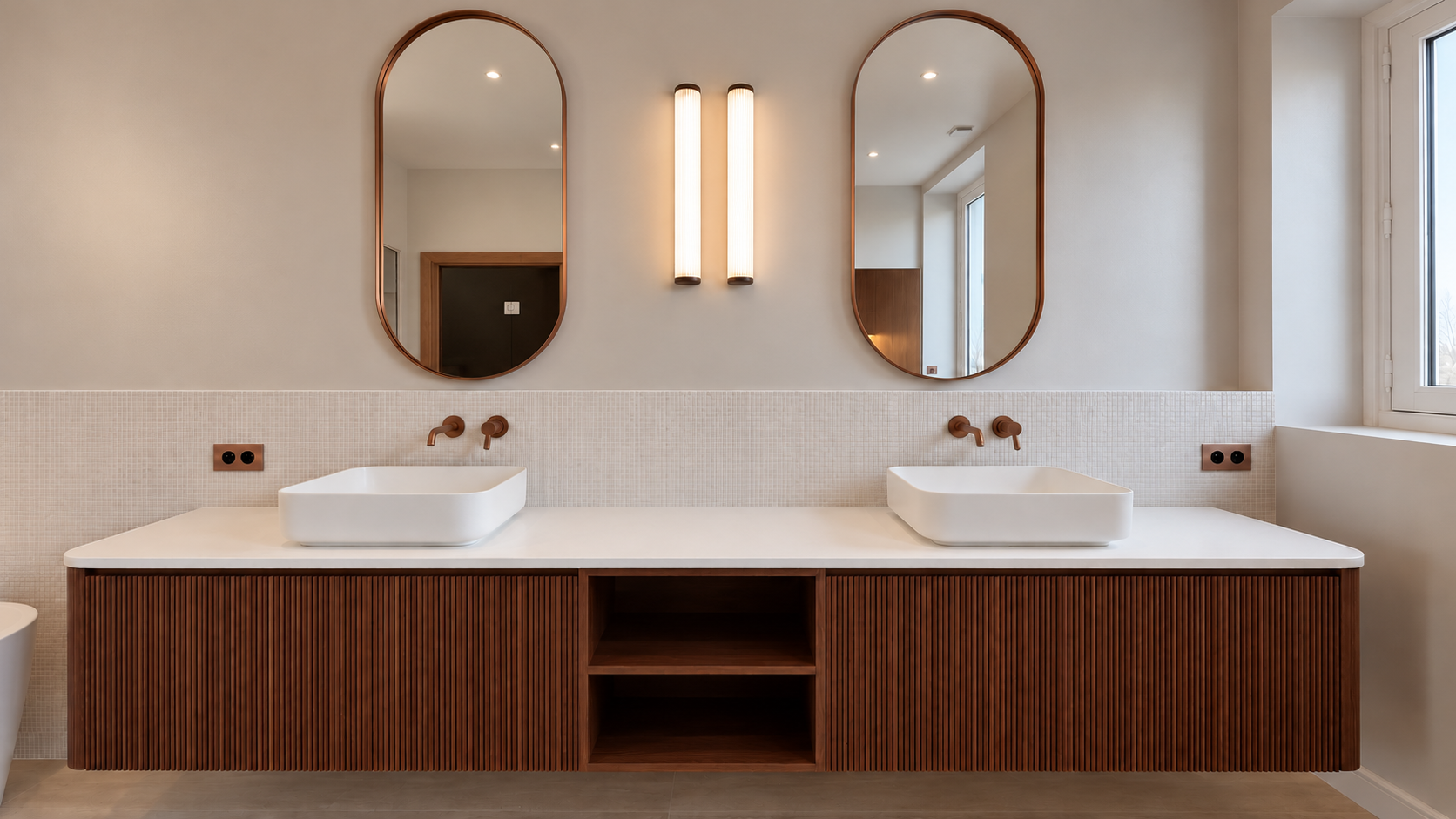 Un double lavabo avec deux miroirs ovales, miroirs en bois, sur un meuble en bois avec deux compartiments ouverts, luminaires muraux à deux tubes de lumière, avec un rebord de fenêtre à droite.